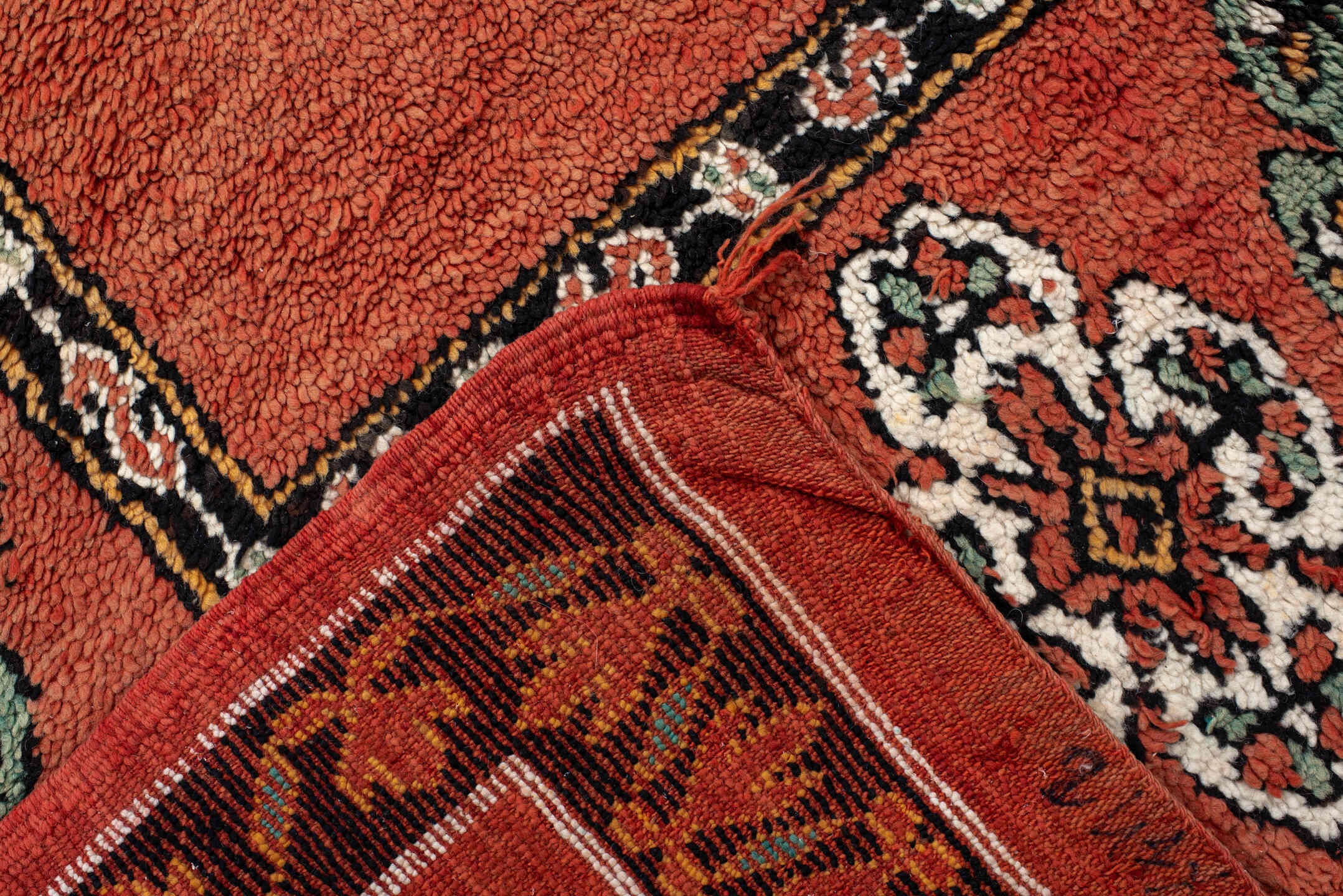 6' x 9' one-of-a-kind handmade vintage Moroccan medium size rug. Color palette: terracotta, black, ivory, gold, sage, rust