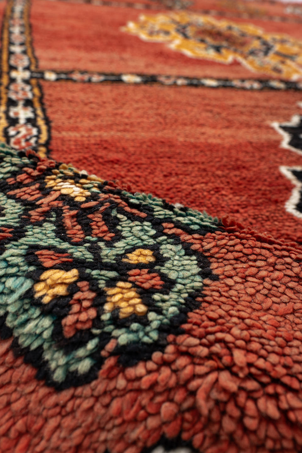 6' x 9' one-of-a-kind handmade vintage Moroccan medium size rug. Color palette: terracotta, black, ivory, gold, sage, rust