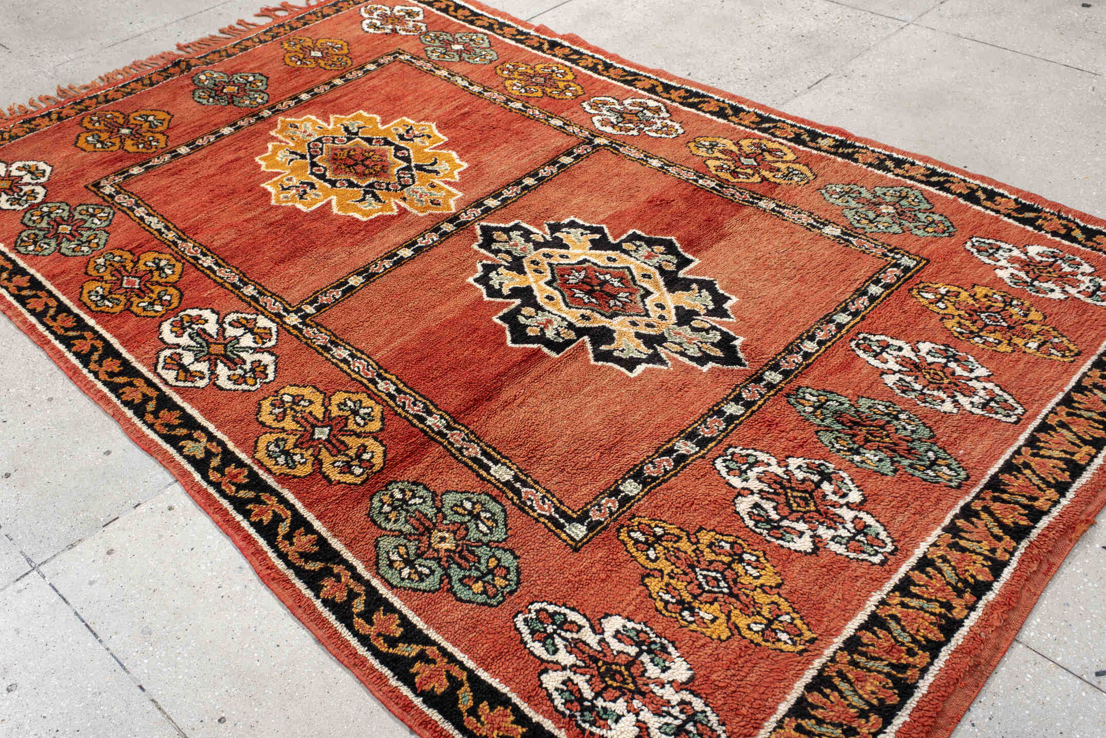 6' x 9' one-of-a-kind handmade vintage Moroccan medium size rug. Color palette: terracotta, black, ivory, gold, sage, rust