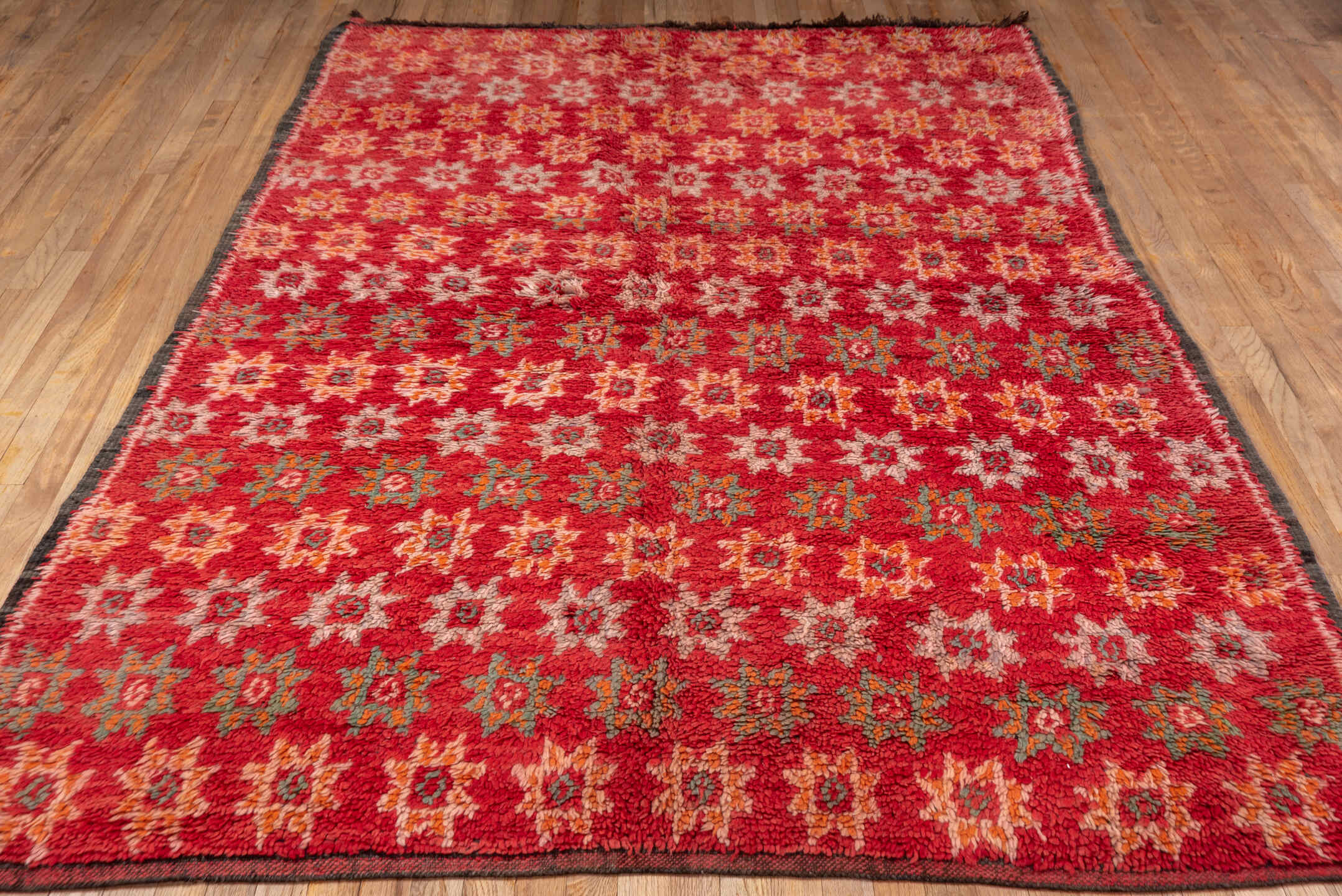6' x 9' one-of-a-kind handmade vintage Moroccan medium size rug. Color palette: rose, coral, ivory, blush, charcoal, sage