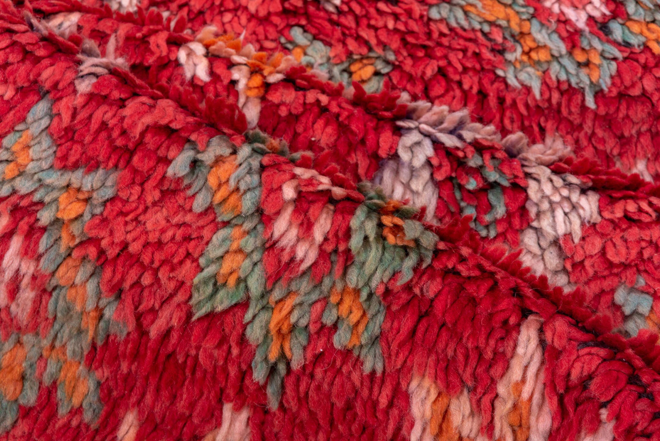 6' x 9' one-of-a-kind handmade vintage Moroccan medium size rug. Color palette: rose, coral, ivory, blush, charcoal, sage