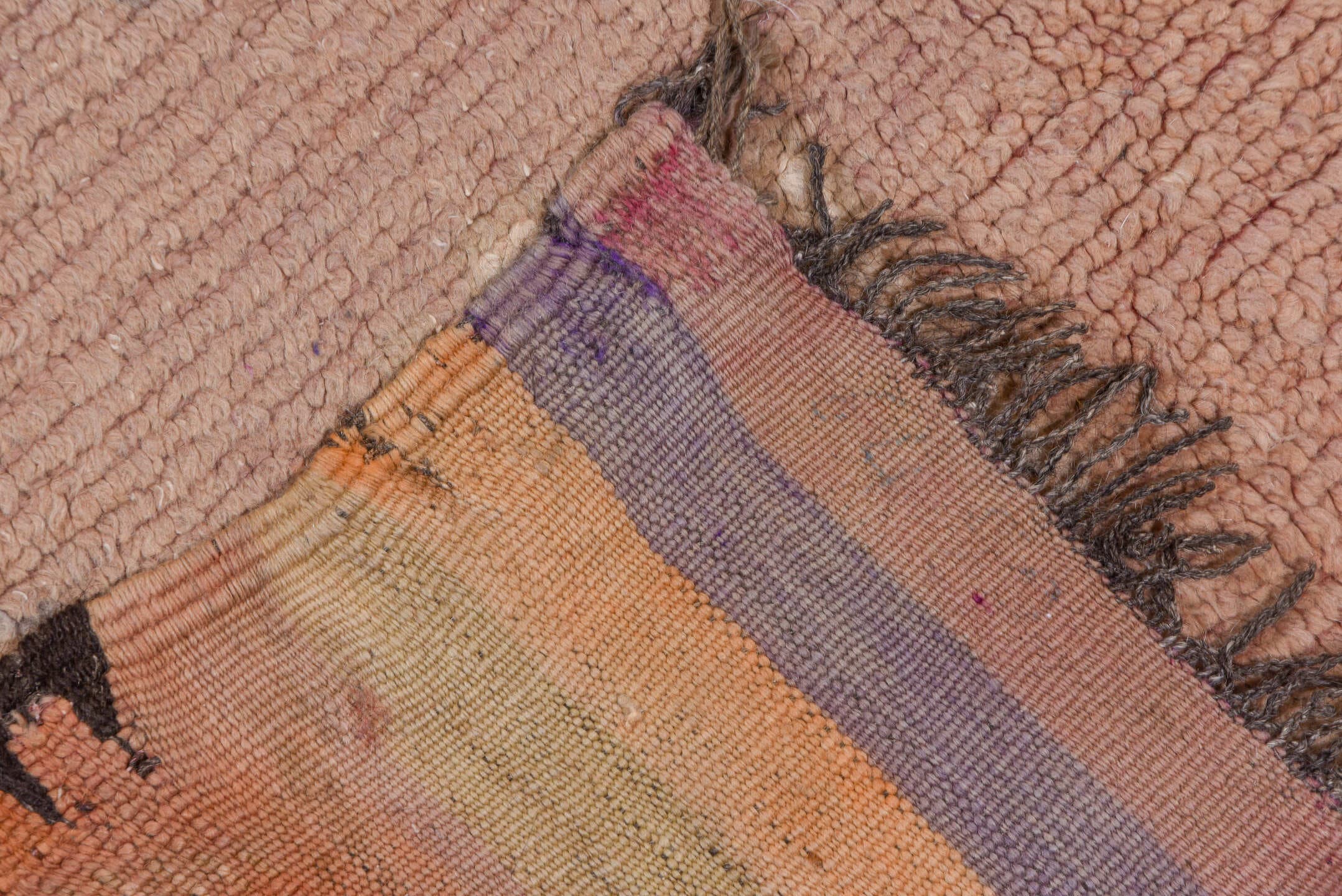 6' x 16' one-of-a-kind handmade vintage Moroccan rug. Color palette: dusty rose, blush, ivory, taupe, sand, lavender, brown