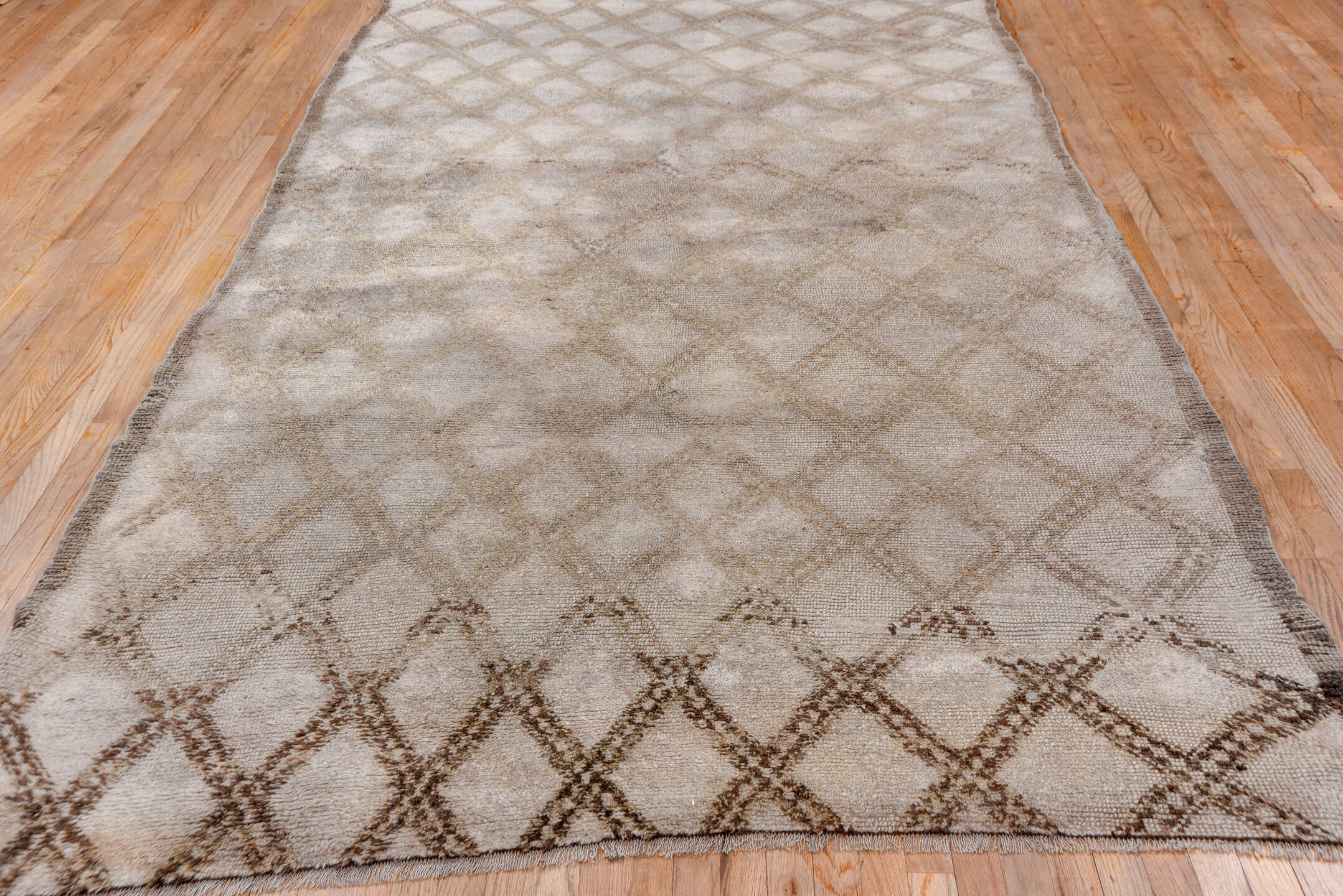 6' x 12' one-of-a-kind handmade vintage Moroccan large size rug. Color palette: ivory, taupe, camel, brown, beige, gray