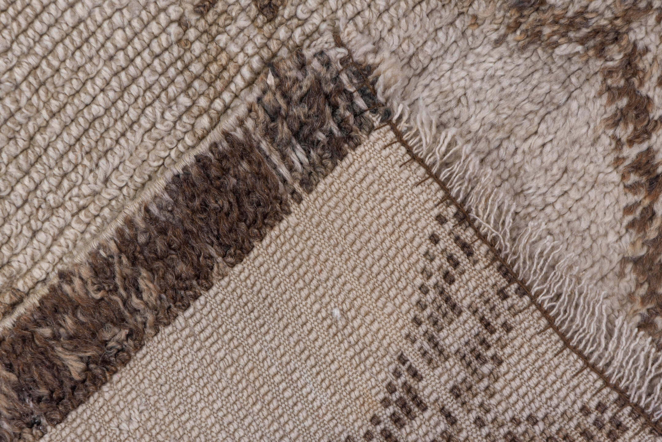 6' x 12' one-of-a-kind handmade vintage Moroccan large size rug. Color palette: ivory, taupe, camel, brown, beige, gray
