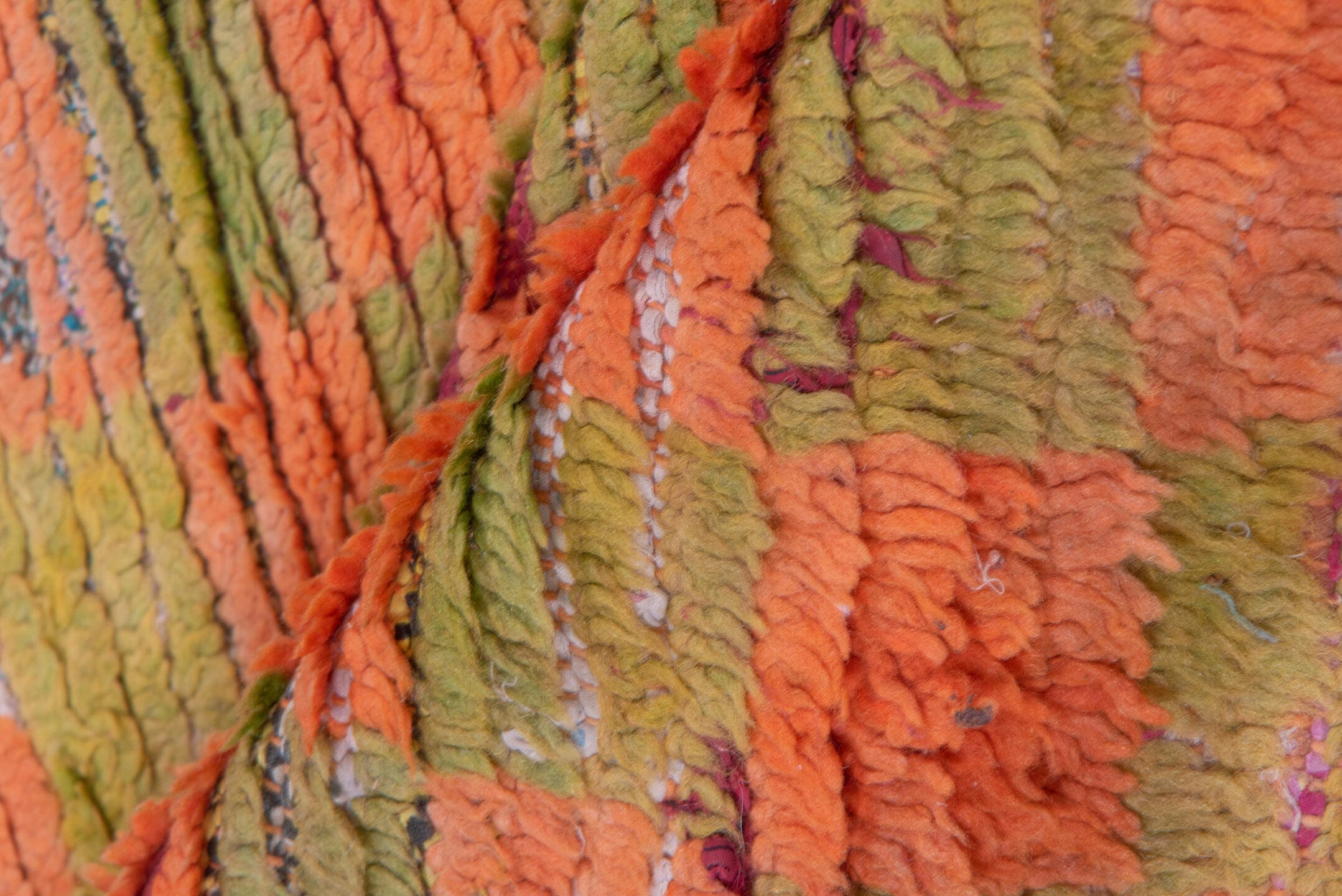2' x 6' one-of-a-kind handmade vintage Moroccan runner rug. Color palette: terra cotta, olive, peach, ivory, burgundy