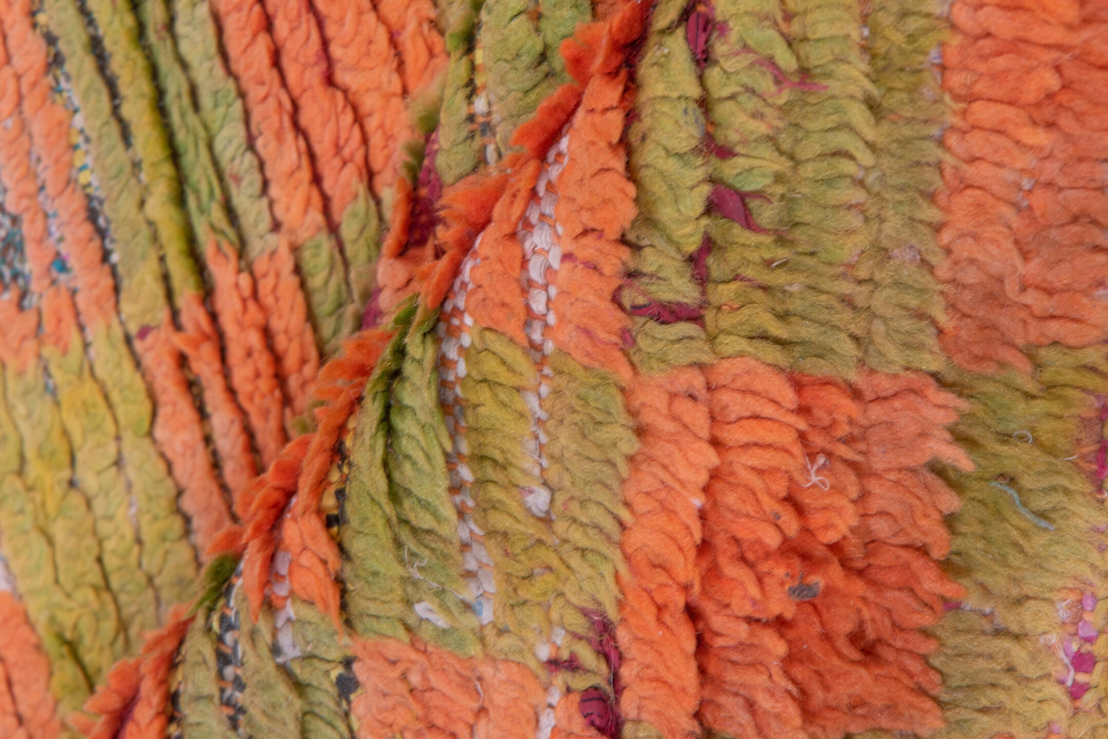 2' x 6' one-of-a-kind handmade vintage Moroccan runner rug. Color palette: terra cotta, olive, peach, ivory, burgundy