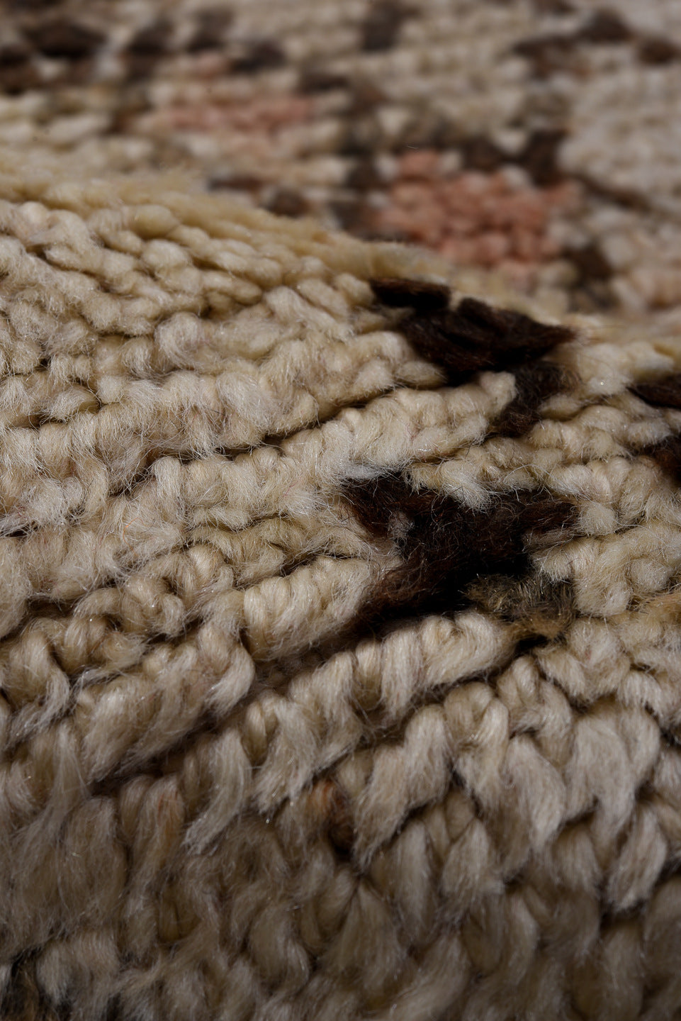 5' x 11' one-of-a-kind handmade vintage Moroccan rug. Color palette: black, brown, gray, light gray, off-white, pink, snow