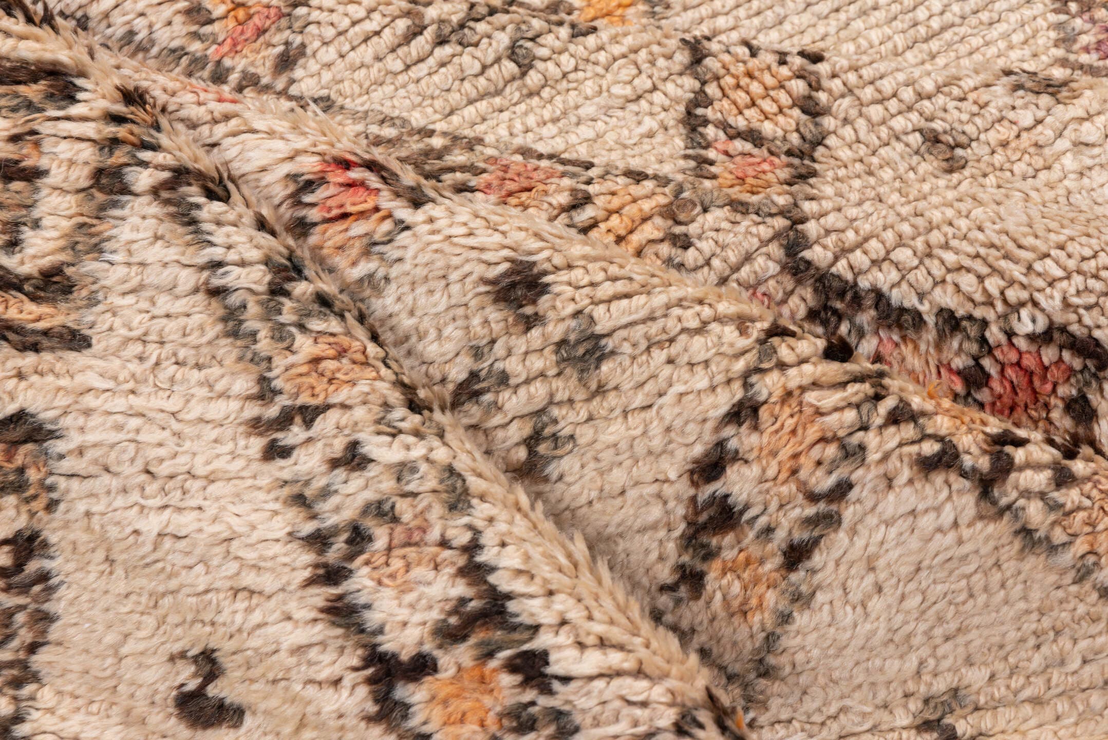 5' x 11' one-of-a-kind handmade vintage Moroccan rug. Color palette: ivory, brown, taupe, blush, peach, charcoal, beige