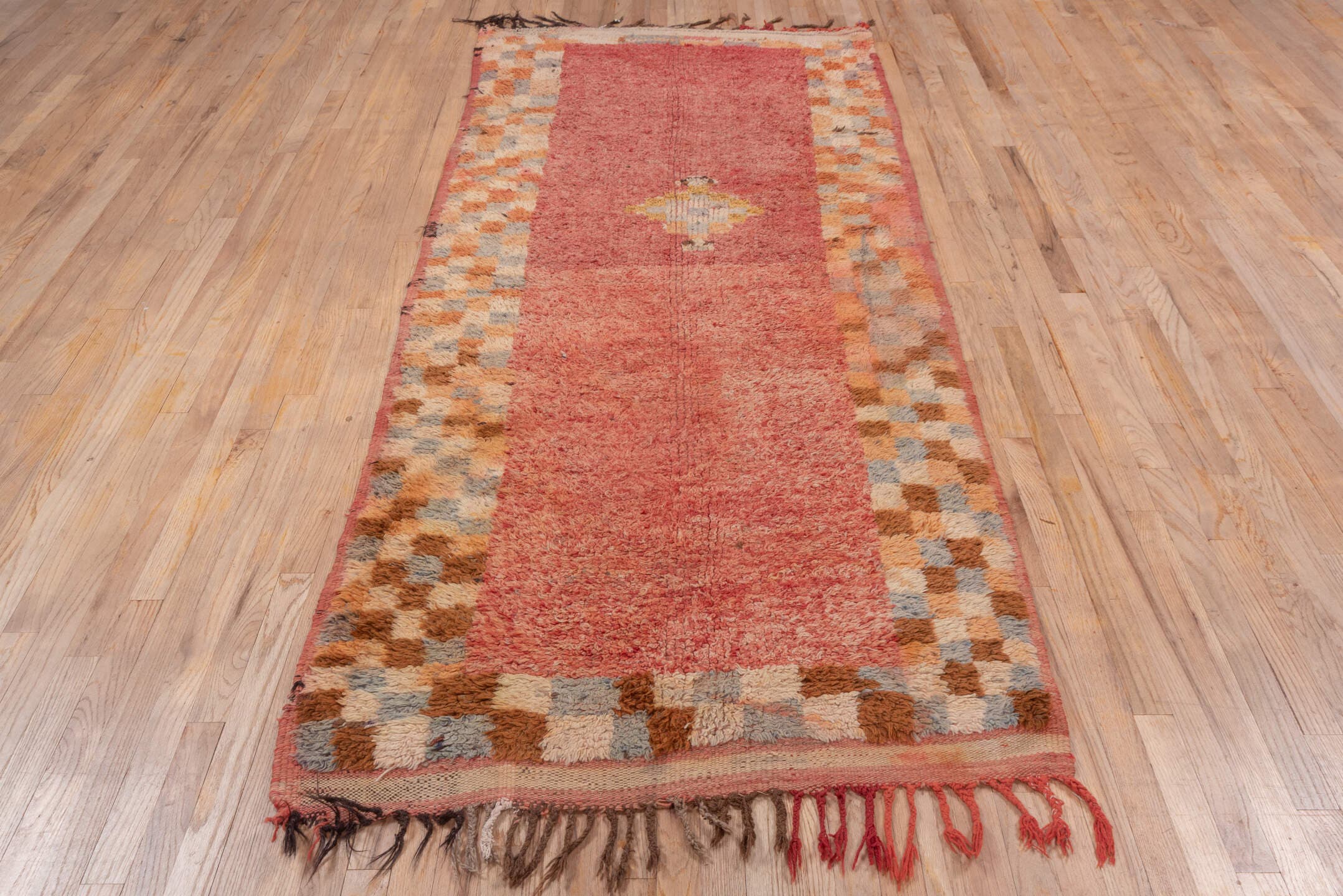 3' x 9' one-of-a-kind handmade vintage Moroccan runner rug. Color palette: rose, ivory, camel, slate, rust, brown, pink, red