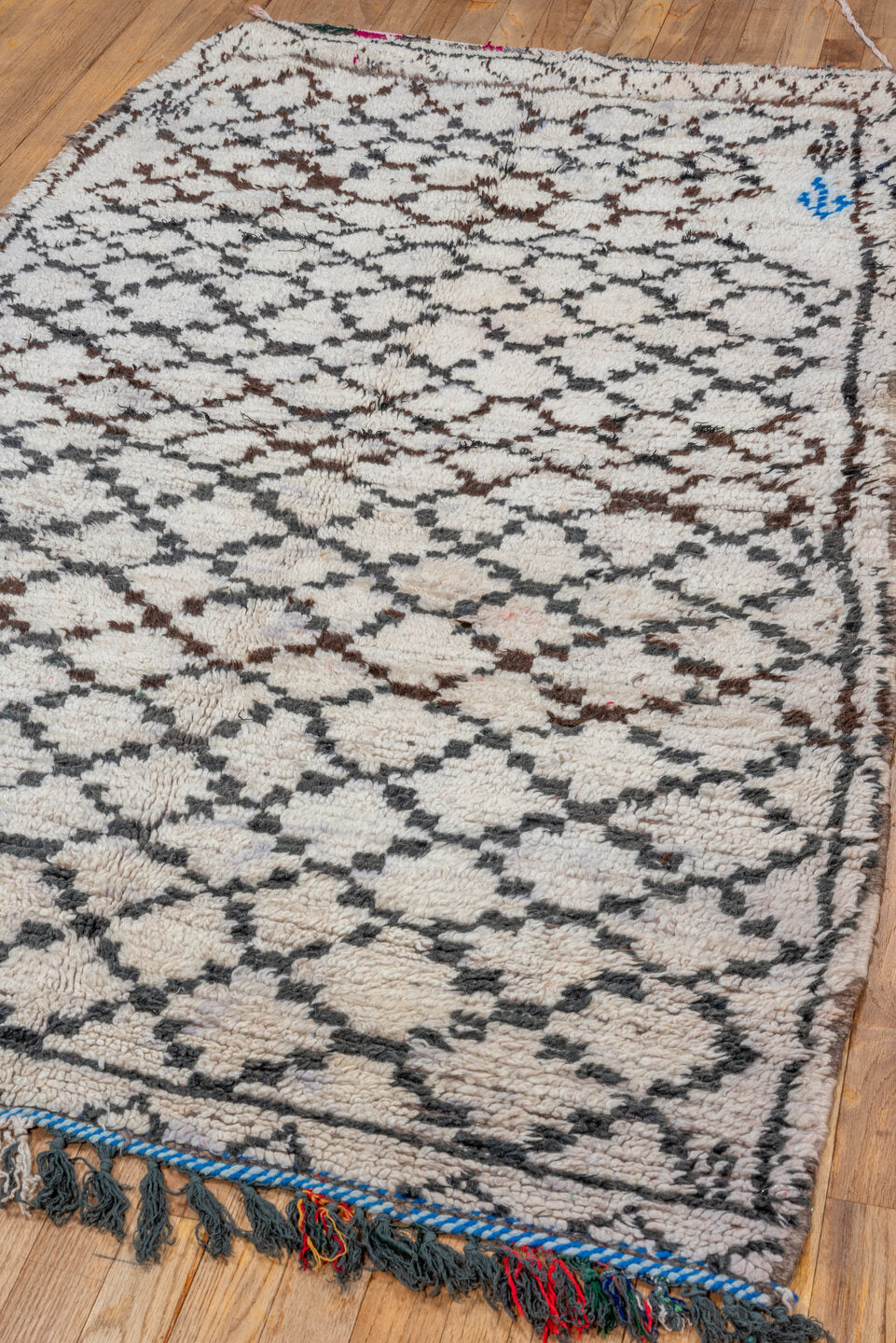 3' x 7' one-of-a-kind handmade vintage Moroccan runner rug. Color palette: ivory, charcoal, brown, blue, magenta, gray
