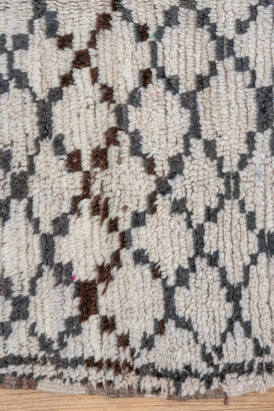 3' x 7' one-of-a-kind handmade vintage Moroccan runner rug. Color palette: ivory, charcoal, brown, blue, magenta, gray