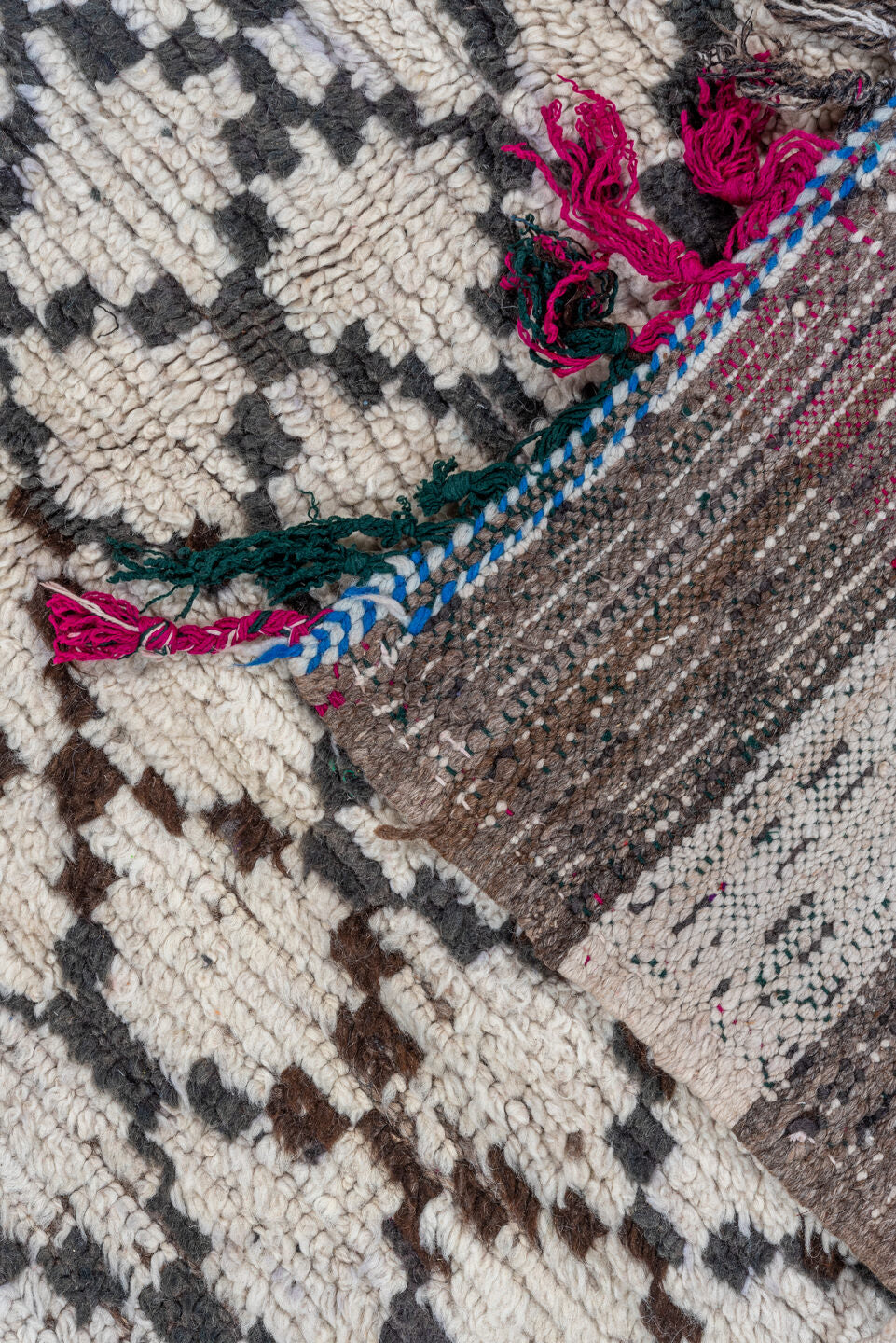 3' x 7' one-of-a-kind handmade vintage Moroccan runner rug. Color palette: ivory, charcoal, brown, blue, magenta, gray