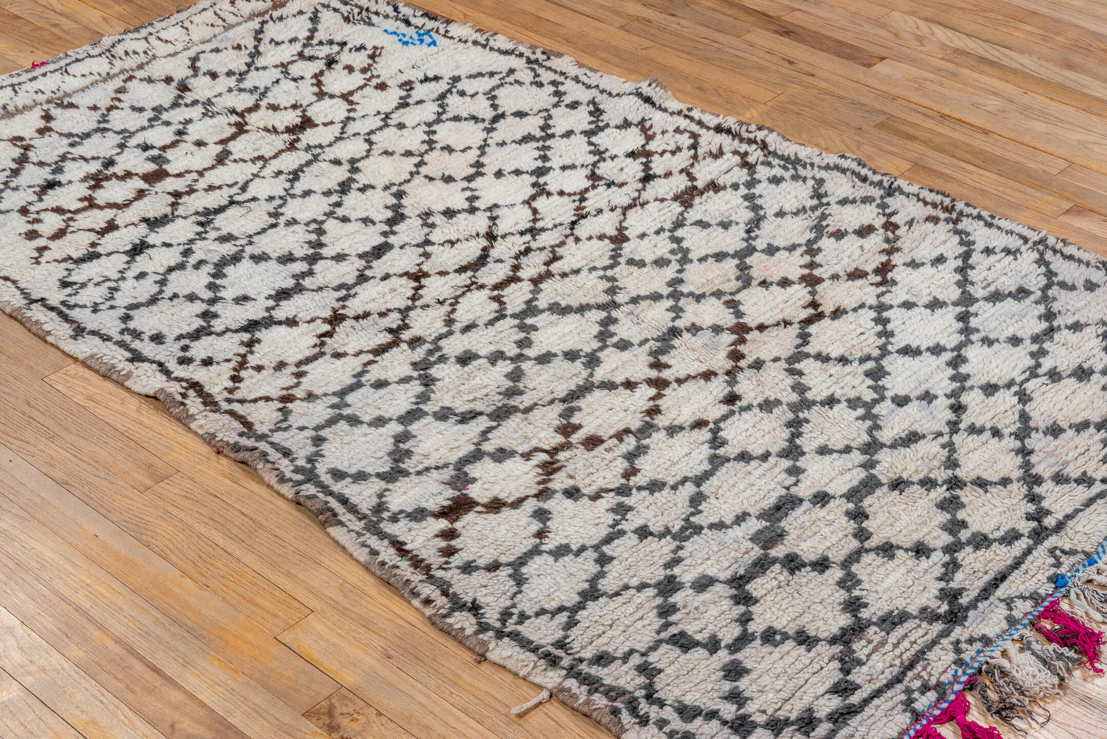 3' x 7' one-of-a-kind handmade vintage Moroccan runner rug. Color palette: ivory, charcoal, brown, blue, magenta, gray