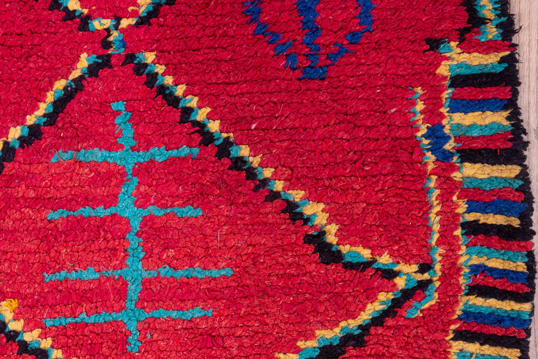 3' x 6' one-of-a-kind handmade vintage Moroccan small size rug. Color palette: coral, turquoise, cobalt, black, ivory, rose
