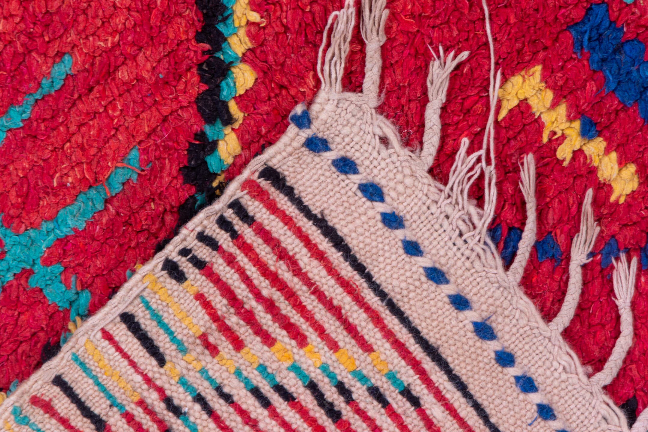 3' x 6' one-of-a-kind handmade vintage Moroccan small size rug. Color palette: coral, turquoise, cobalt, black, ivory, rose