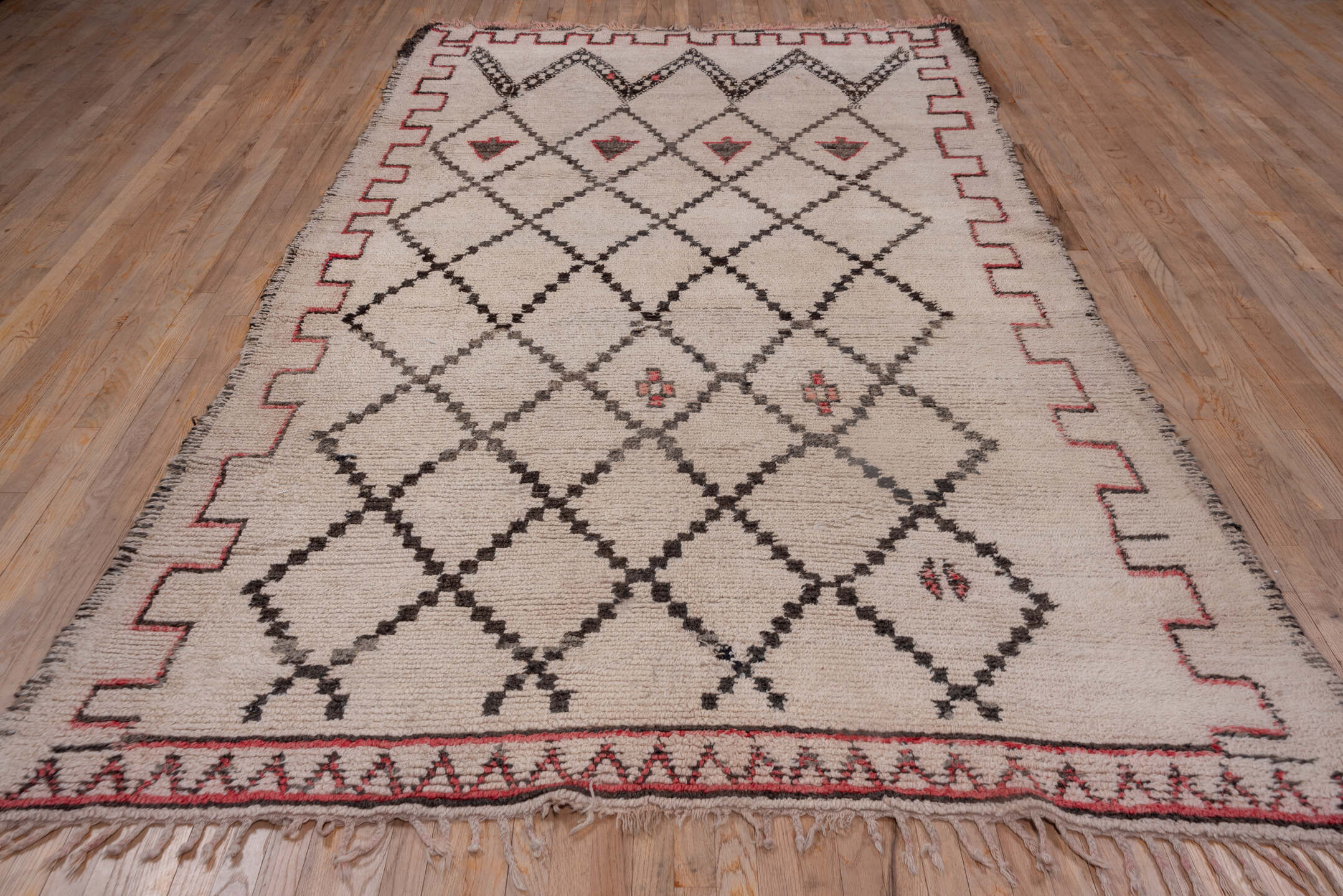 6' x 11' one-of-a-kind handmade vintage Moroccan large size rug. Color palette: ivory, charcoal, red, rose, taupe, gray