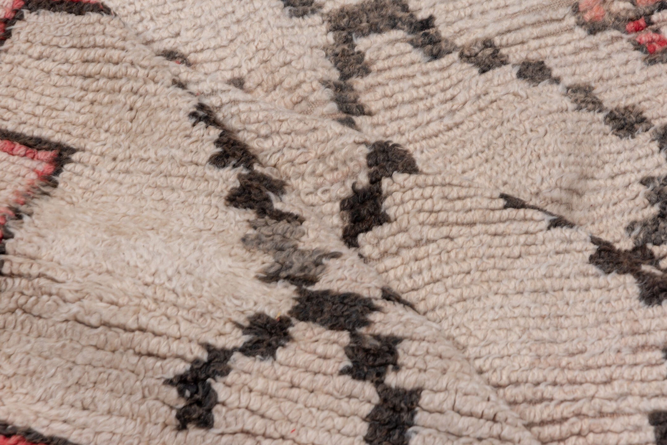 6' x 11' one-of-a-kind handmade vintage Moroccan large size rug. Color palette: brown, gray, light gray, off-white, pink