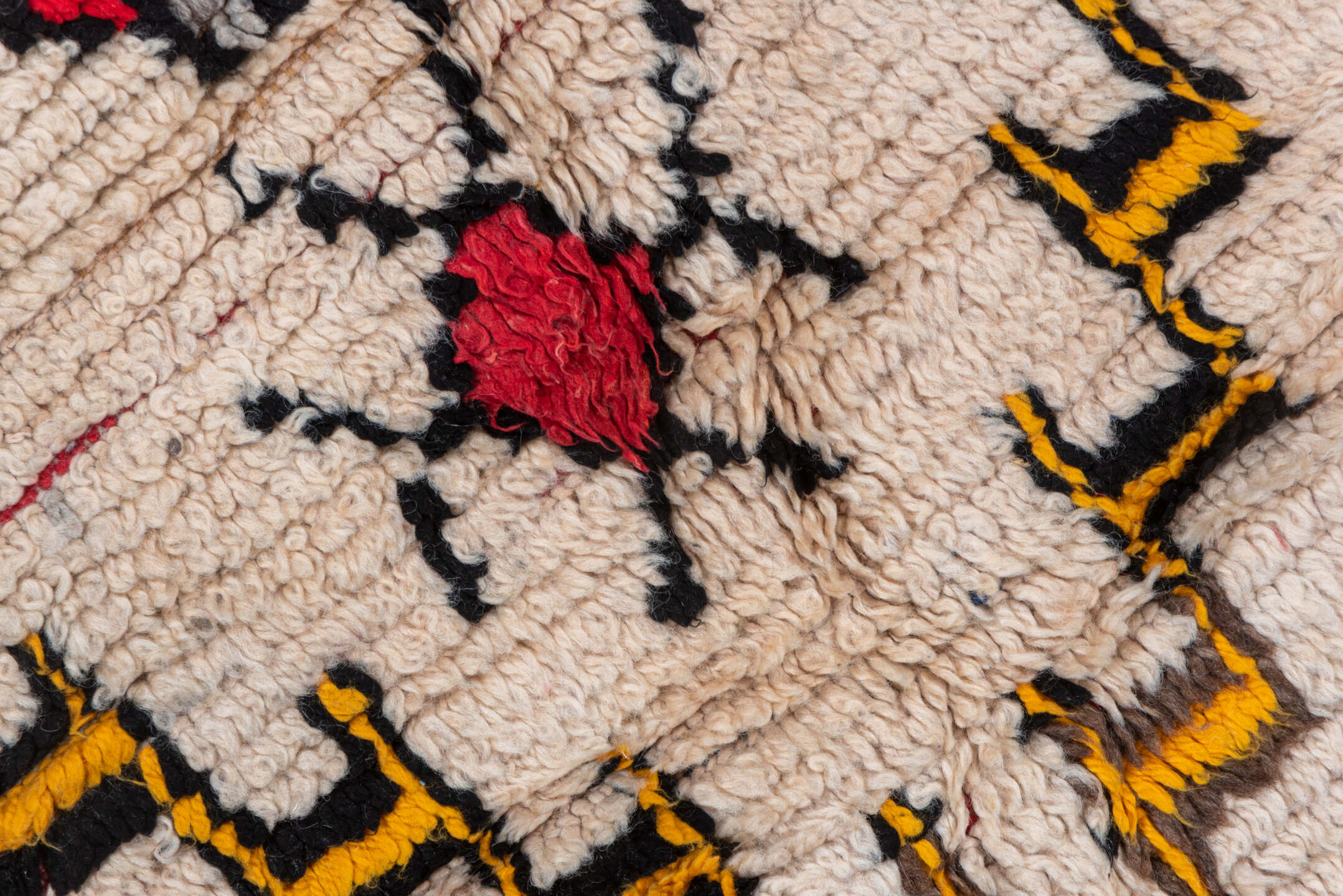 3' x 5' one-of-a-kind handmade vintage Moroccan small size rug. Color palette: ivory, charcoal, gold, crimson, gray, orange