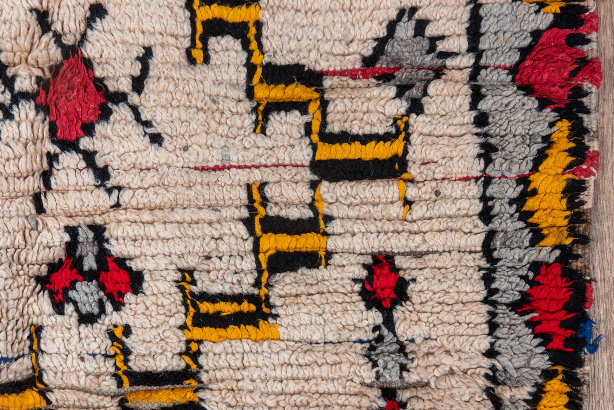 3' x 5' one-of-a-kind handmade vintage Moroccan small size rug. Color palette: ivory, charcoal, gold, crimson, gray, orange