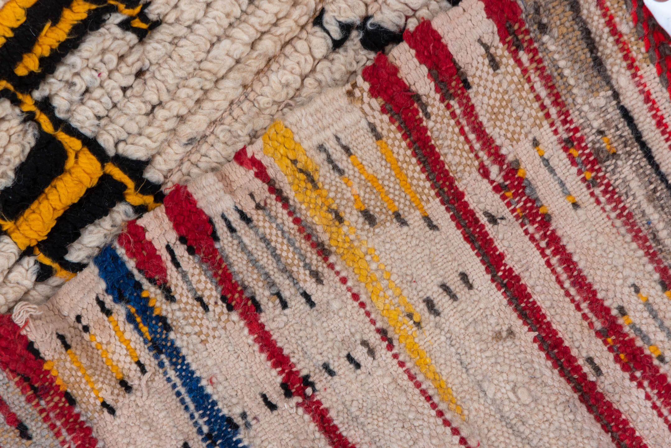 3' x 5' one-of-a-kind handmade vintage Moroccan small size rug. Color palette: ivory, charcoal, gold, crimson, gray, orange