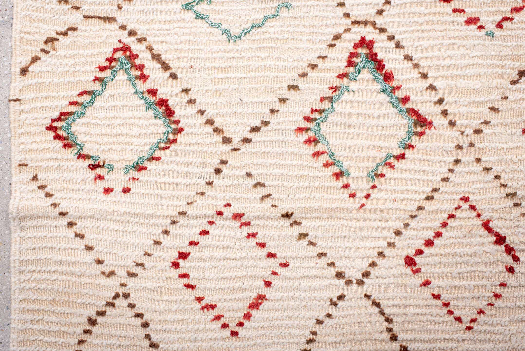 5' x 10' one-of-a-kind handmade vintage Moroccan medium size rug. Color palette: ivory, brown, red, aqua, cream, teal