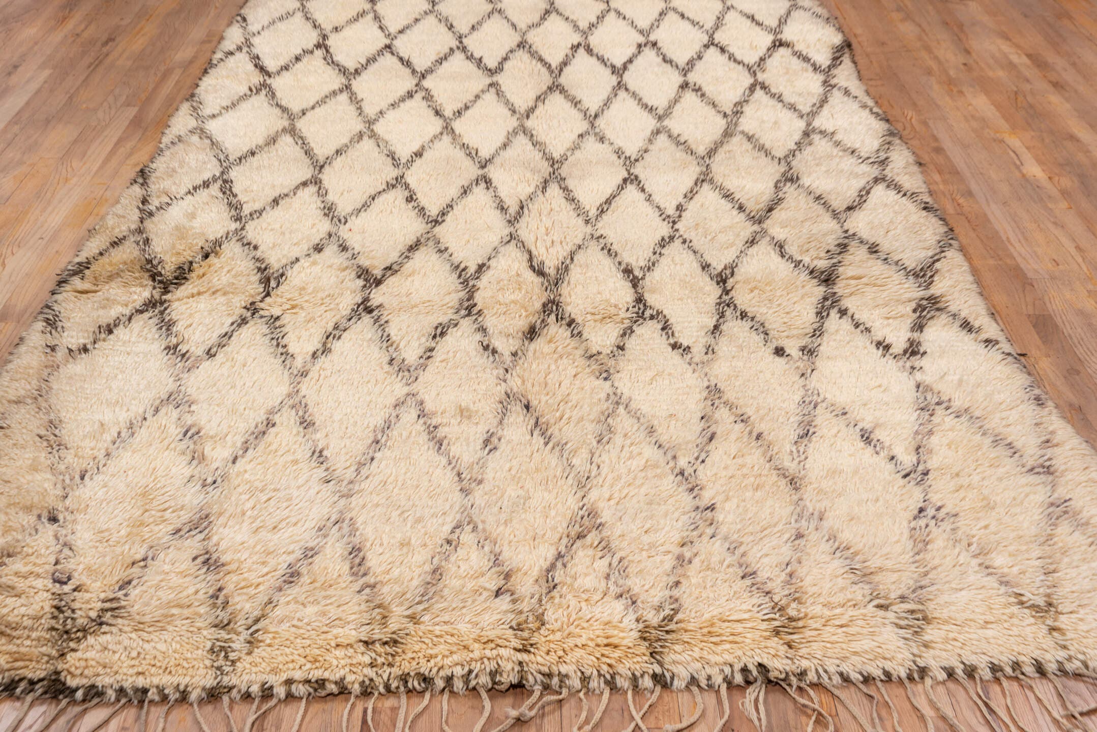 6' x 12' one-of-a-kind handmade vintage Moroccan large size rug. Color palette: ivory, cream, charcoal, taupe, gray, black