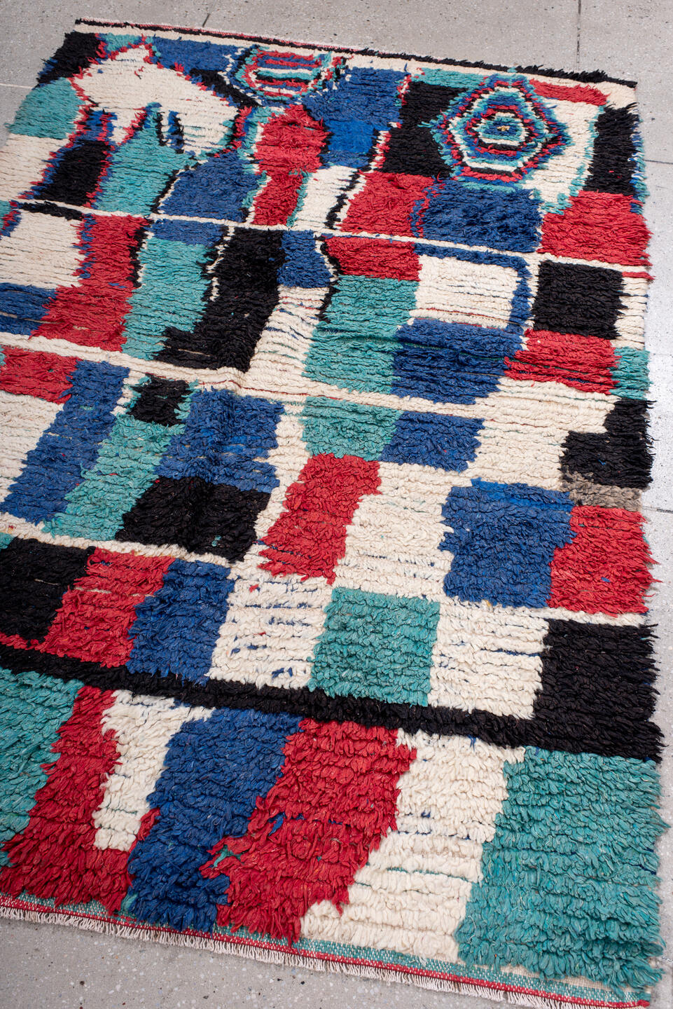 4' x 6' one-of-a-kind handmade vintage Moroccan small size rug. Color palette: blue, brown, crimson, gainsboro, gray, green