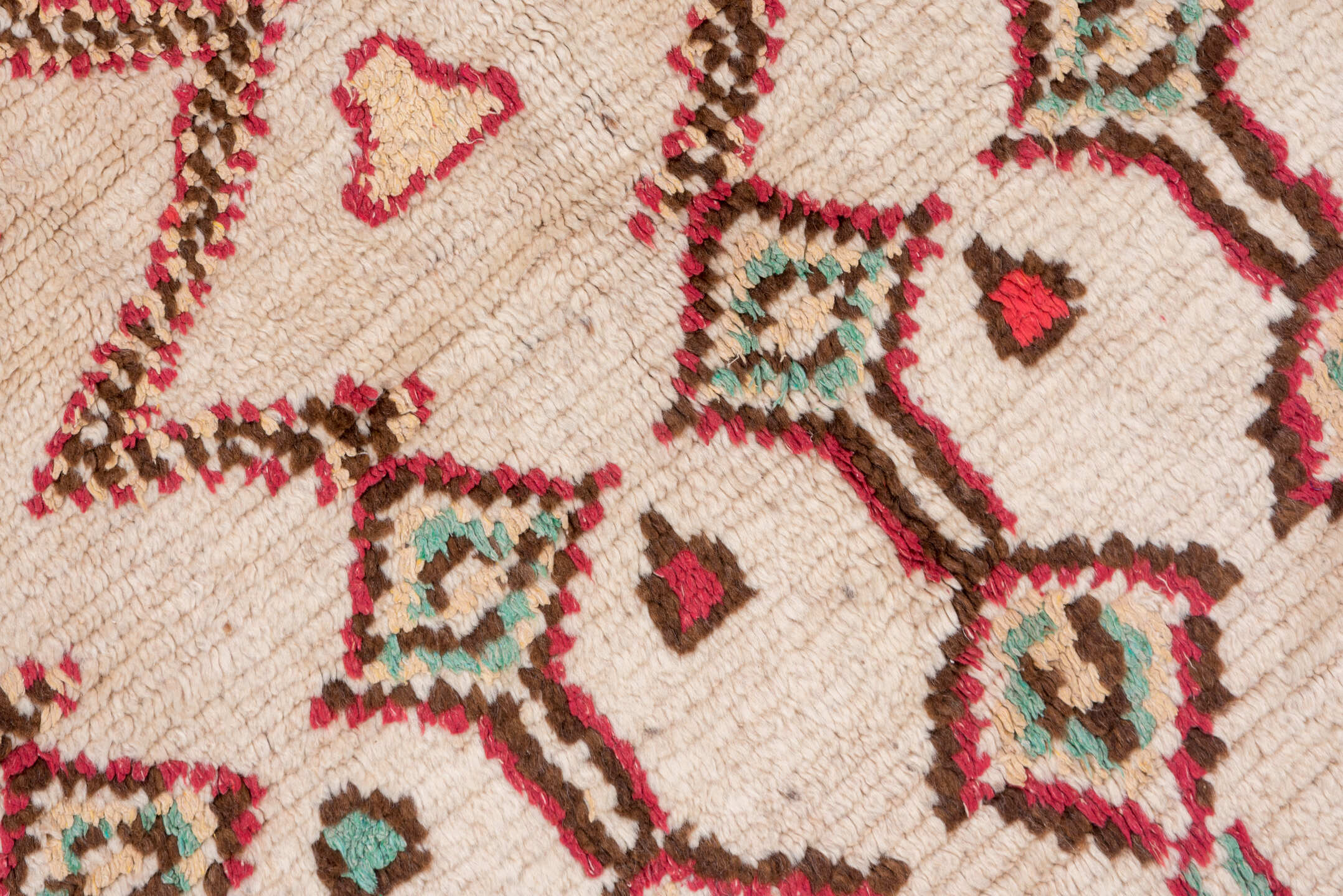 4' x 6' one-of-a-kind handmade vintage Moroccan small size rug. Color palette: ivory, crimson, brown, turquoise, rose, camel