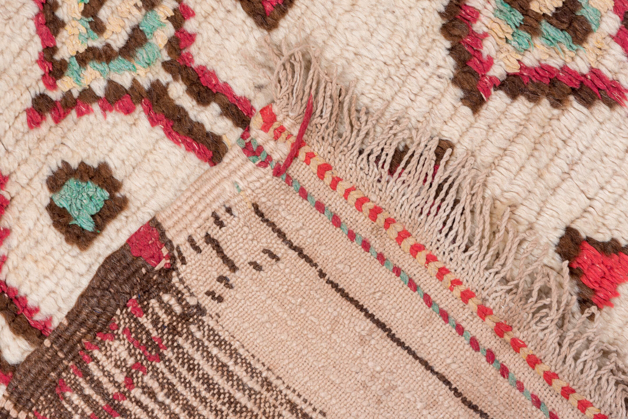 4' x 6' one-of-a-kind handmade vintage Moroccan small size rug. Color palette: ivory, crimson, brown, turquoise, rose, camel