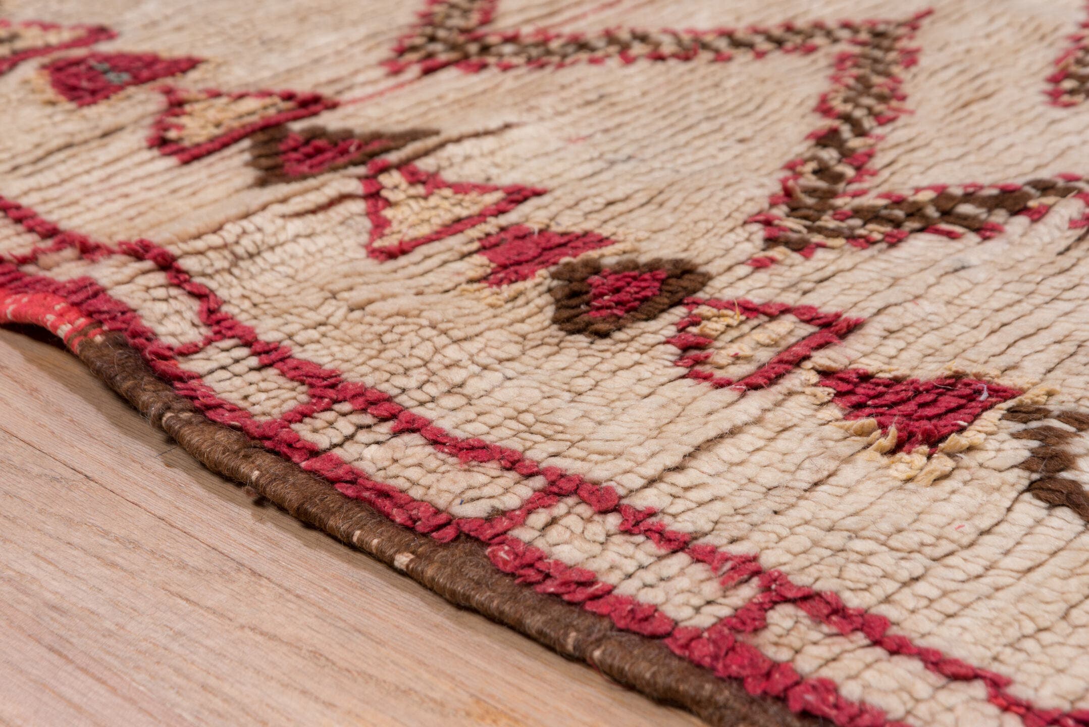 4' x 6' one-of-a-kind handmade vintage Moroccan small size rug. Color palette: ivory, crimson, brown, turquoise, rose, camel