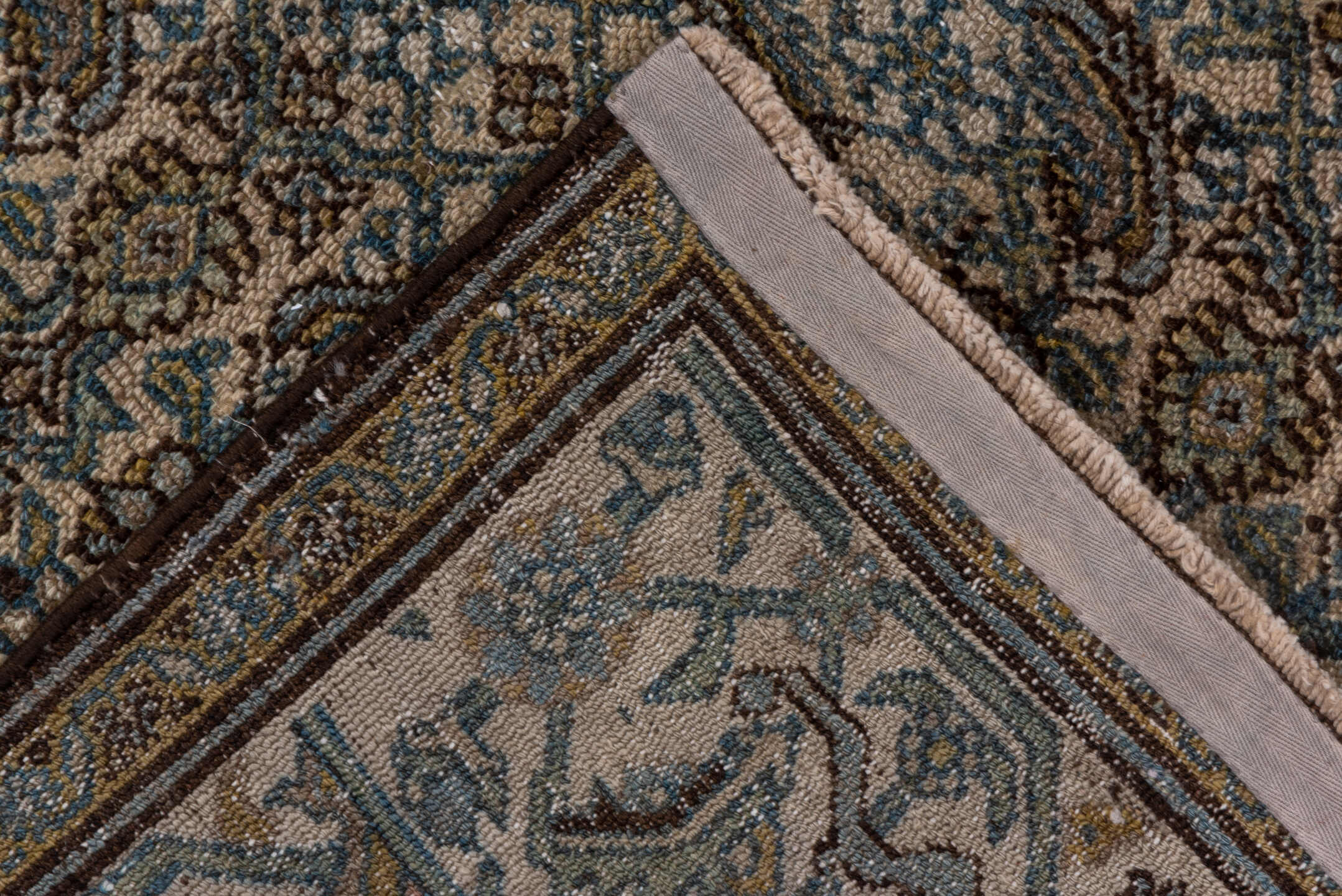 6' x 15' one-of-a-kind handmade antique Malayer rug. Color palette: taupe, blue, ivory, camel, rust, sage, brown, beige