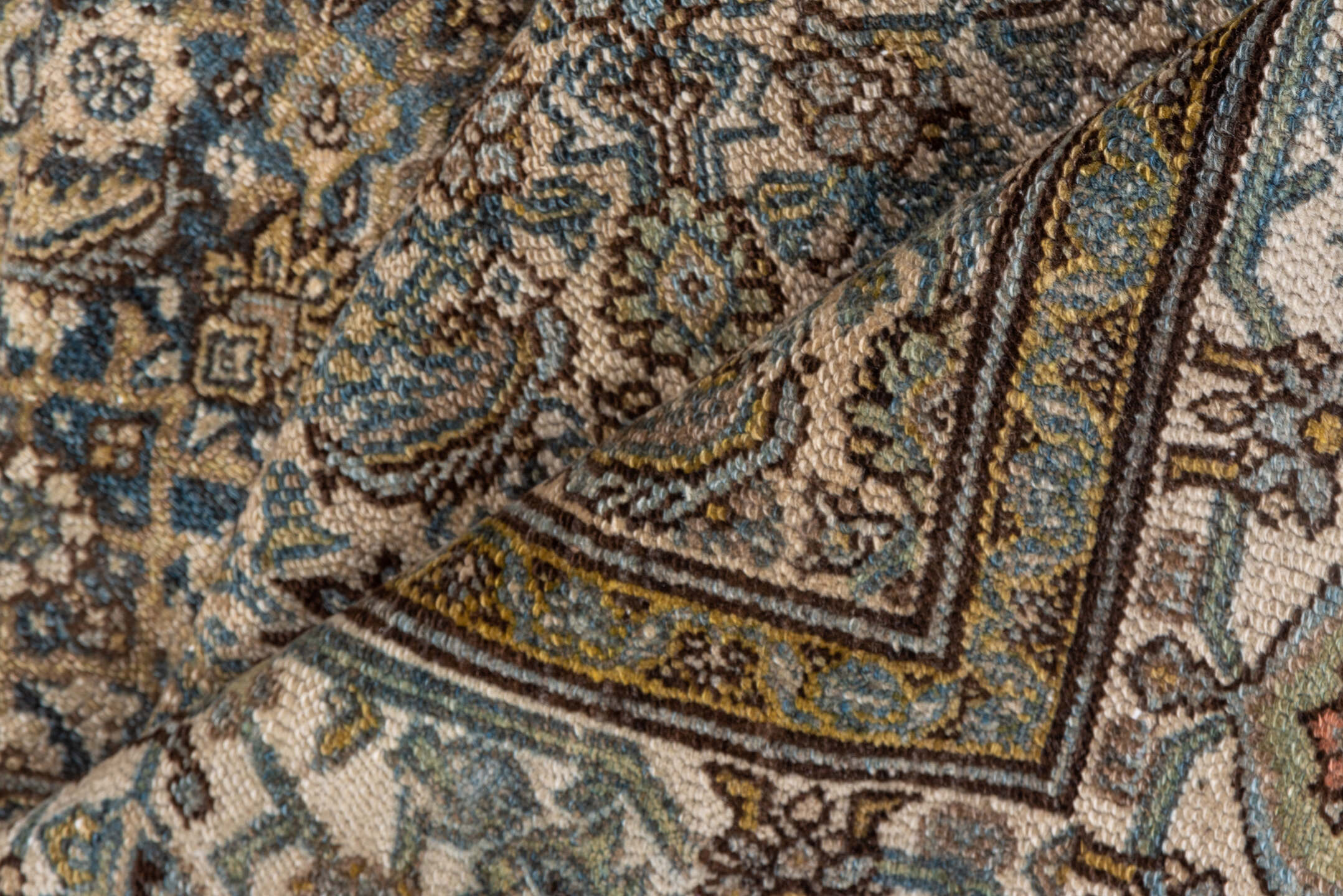 6' x 15' one-of-a-kind handmade antique Malayer rug. Color palette: taupe, blue, ivory, camel, rust, sage, brown, beige