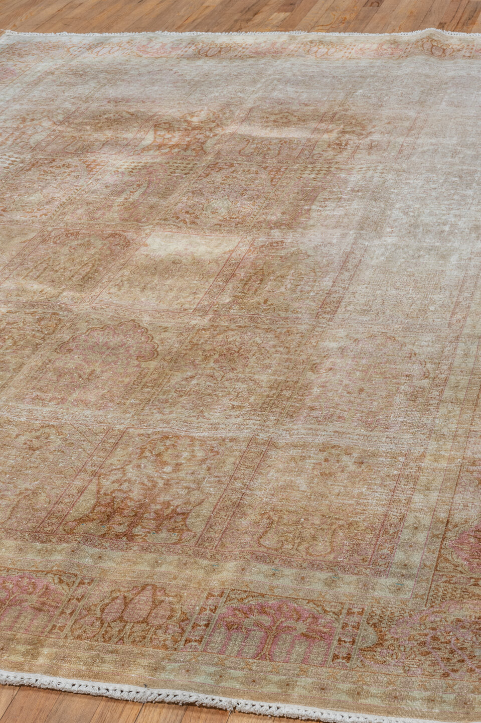 7' x 10' one-of-a-kind handmade antique Kaisary large size rug. Color palette: ivory, blush, sand, camel, taupe, rose, beige