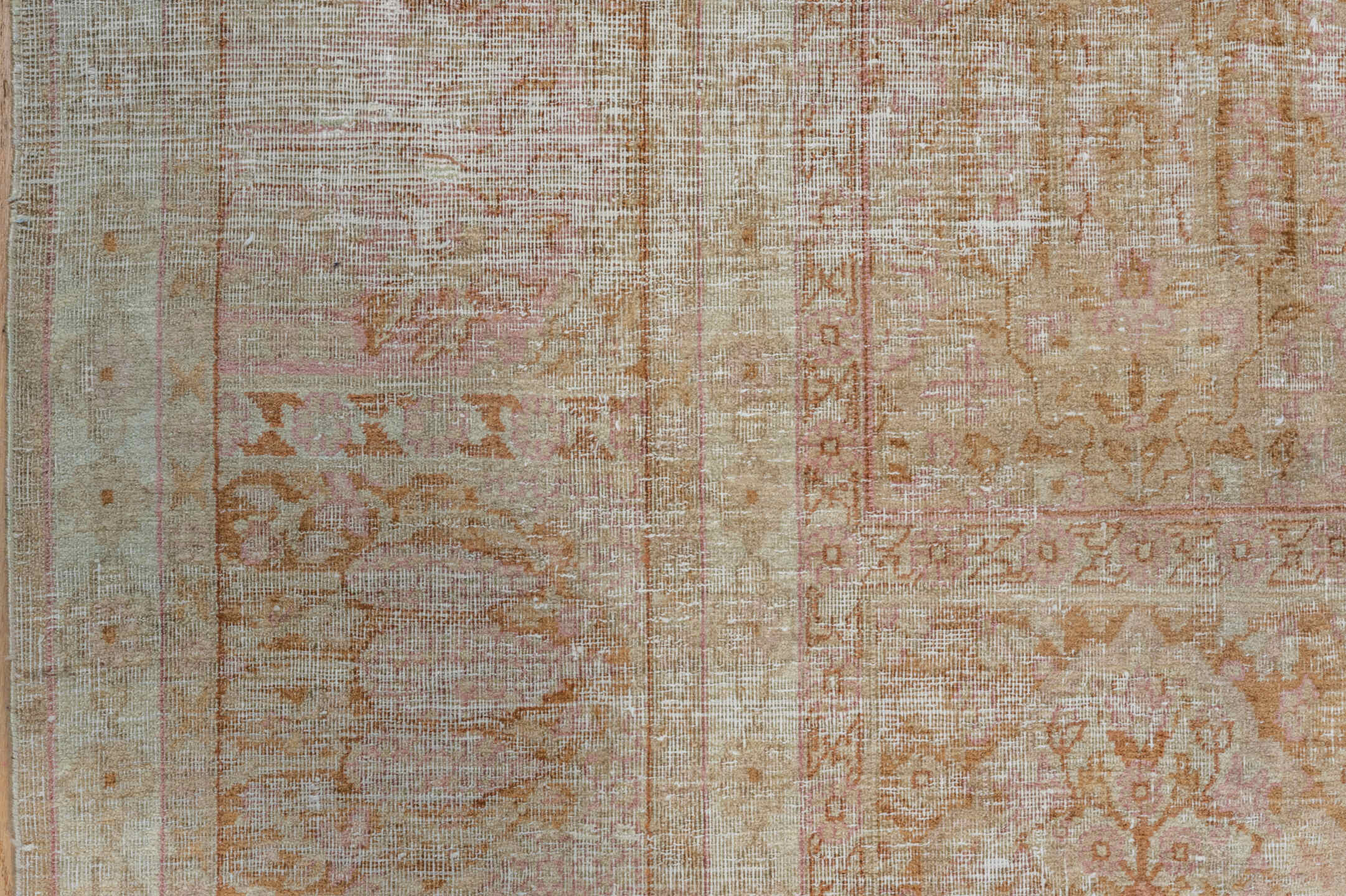 7' x 10' one-of-a-kind handmade antique Kaisary large size rug. Color palette: ivory, blush, sand, camel, taupe, rose, beige