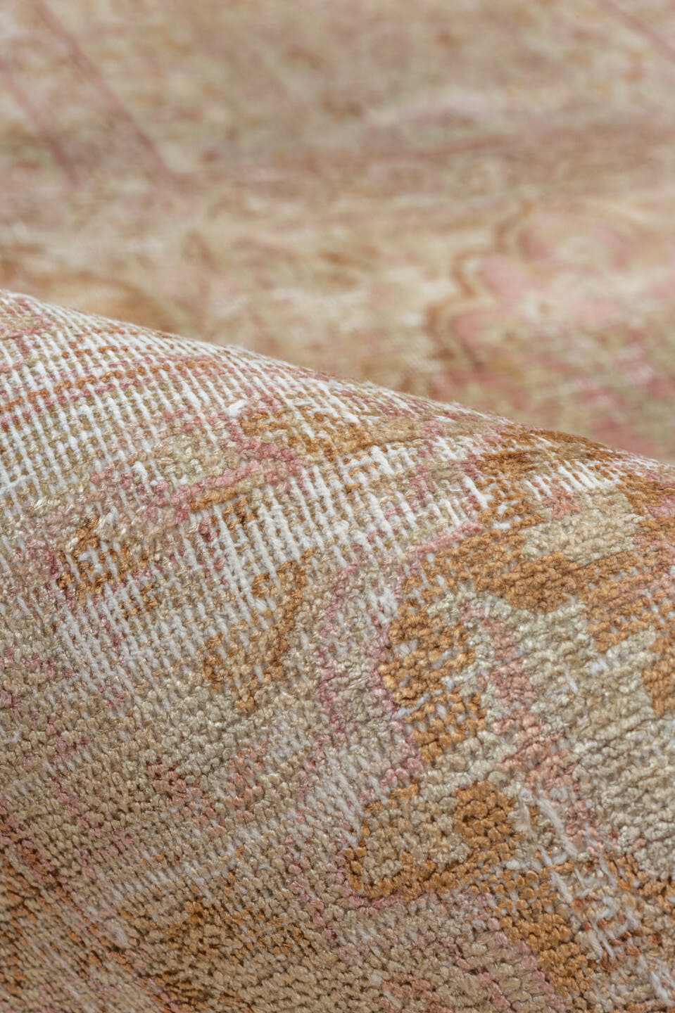 7' x 10' one-of-a-kind handmade antique Kaisary large size rug. Color palette: ivory, blush, sand, camel, taupe, rose, beige