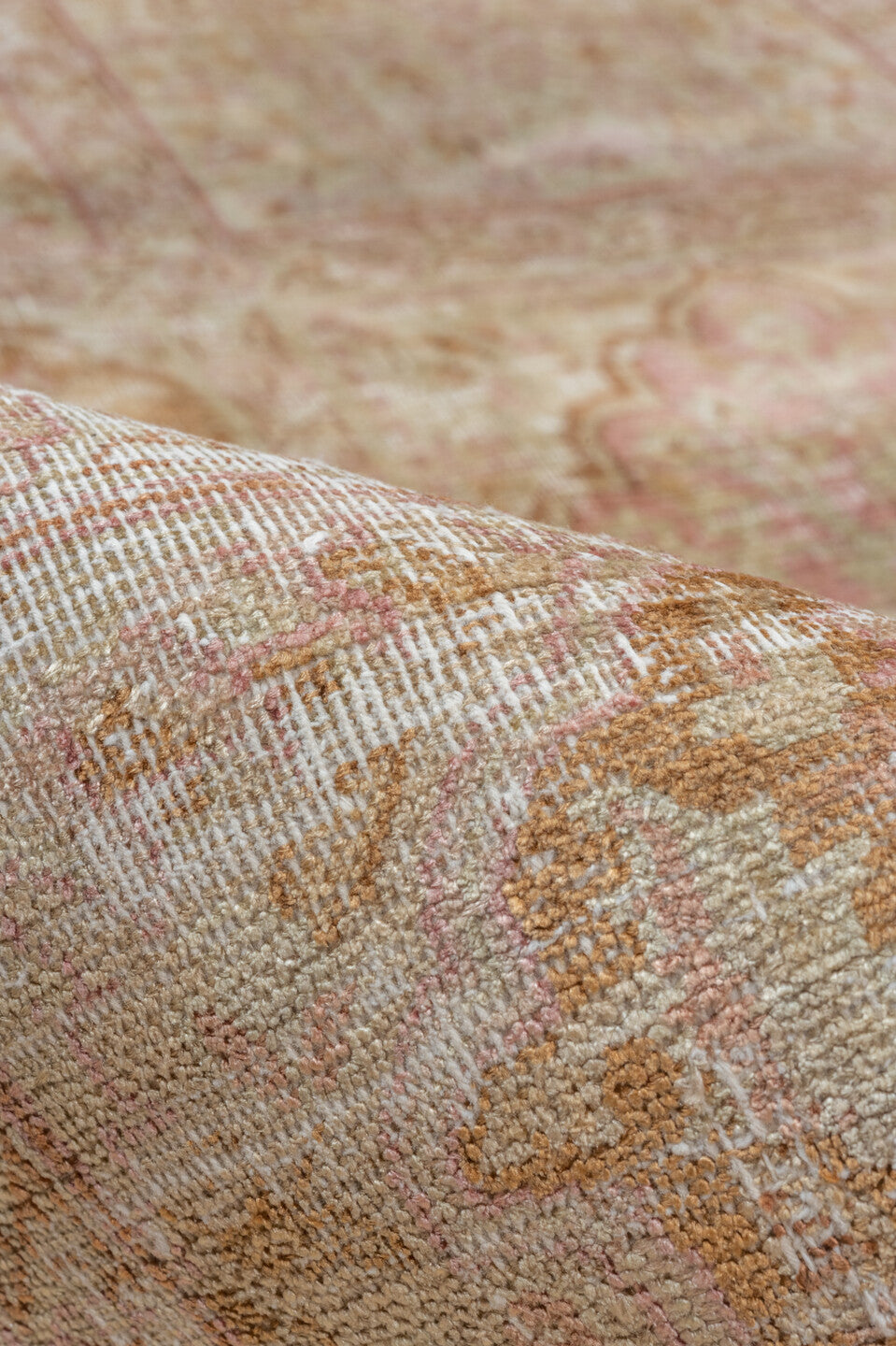 7' x 10' one-of-a-kind handmade antique Kaisary large size rug. Color palette: ivory, blush, sand, camel, taupe, rose, beige