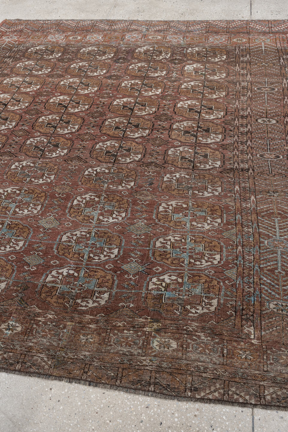 6' x 7' one-of-a-kind handmade vintage Bokara medium size rug. Color palette: rust, camel, brown, ivory, taupe, soft teal