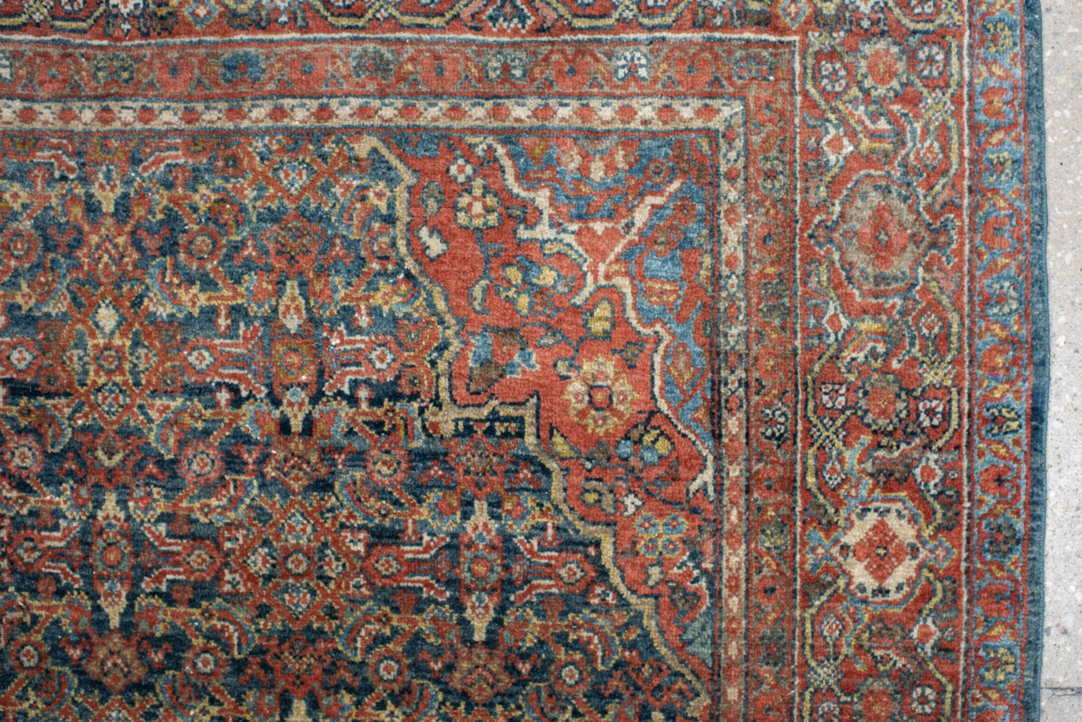 4' x 6' one-of-a-kind handmade antique Sarouk small size rug. Color palette: rust, navy, sky_blue, ivory, olive, coral