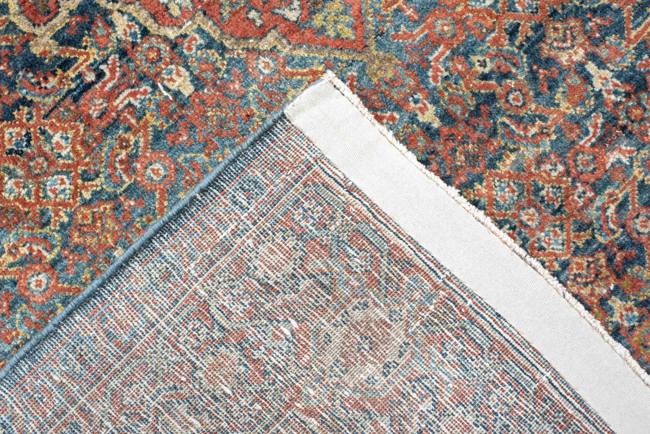 4' x 6' one-of-a-kind handmade antique Sarouk small size rug. Color palette: rust, navy, sky_blue, ivory, olive, coral