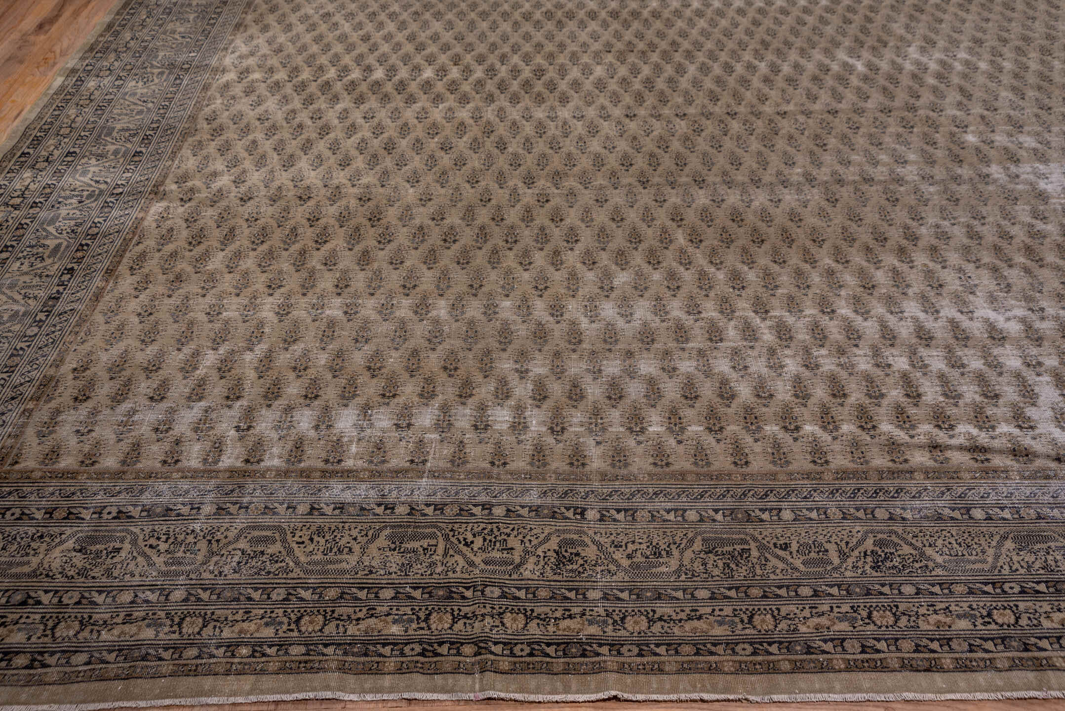 18' x 30' one-of-a-kind handmade vintage Saraband oversize rug. Color palette: brown, gray, light gray, off-white, pink