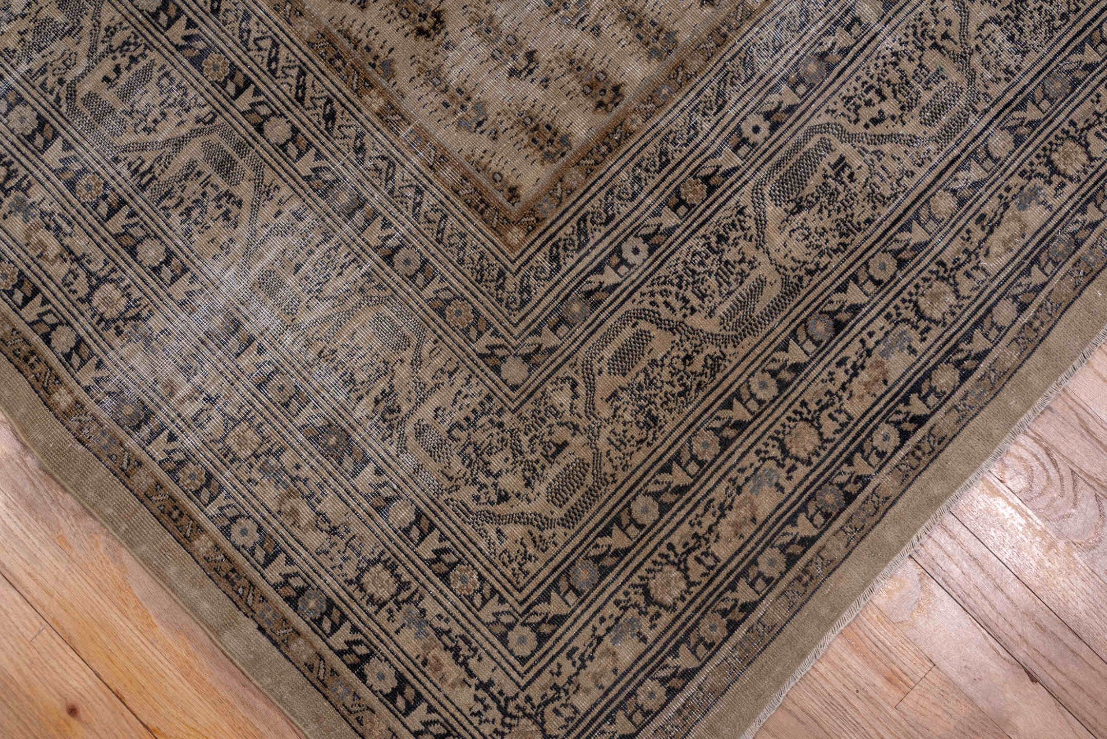 18' x 30' one-of-a-kind handmade vintage Saraband oversize rug. Color palette: taupe, brown, ivory, charcoal, beige, gray