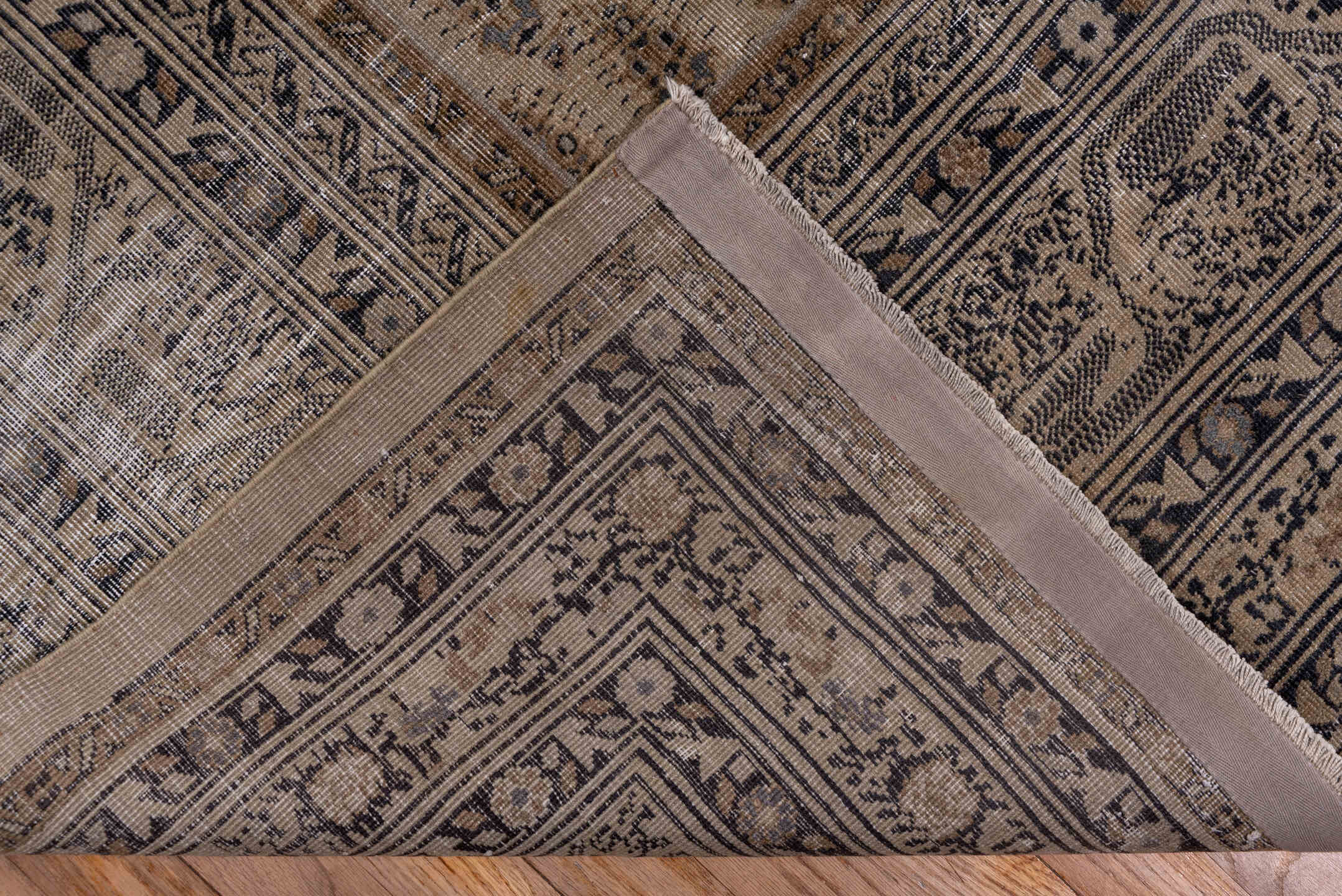 18' x 30' one-of-a-kind handmade vintage Saraband oversize rug. Color palette: taupe, brown, ivory, charcoal, beige, gray