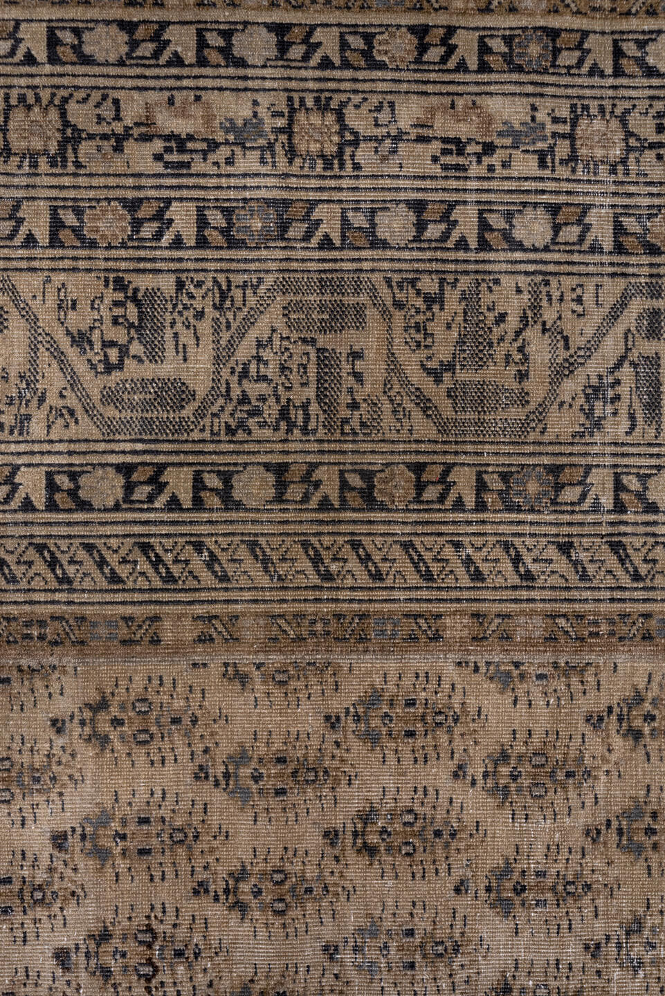 18' x 30' one-of-a-kind handmade vintage Saraband oversize rug. Color palette: taupe, brown, ivory, charcoal, beige, gray