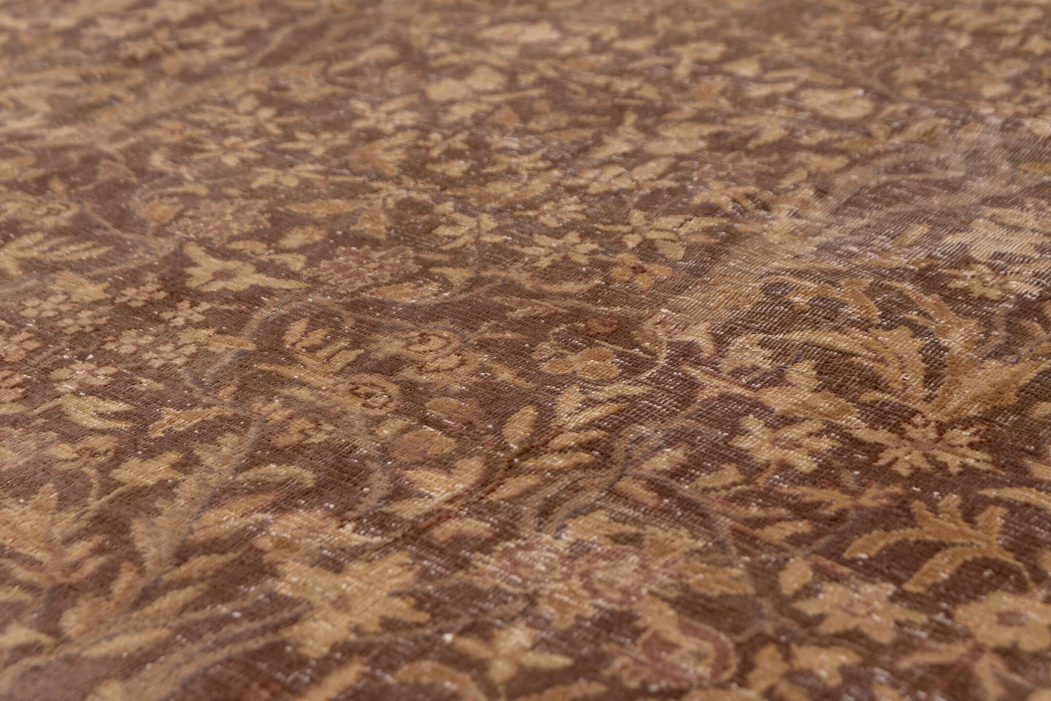 12' x 16' one-of-a-kind handmade antique Sivas oversize rug. Color palette: brown, camel, taupe, beige, ivory, rose