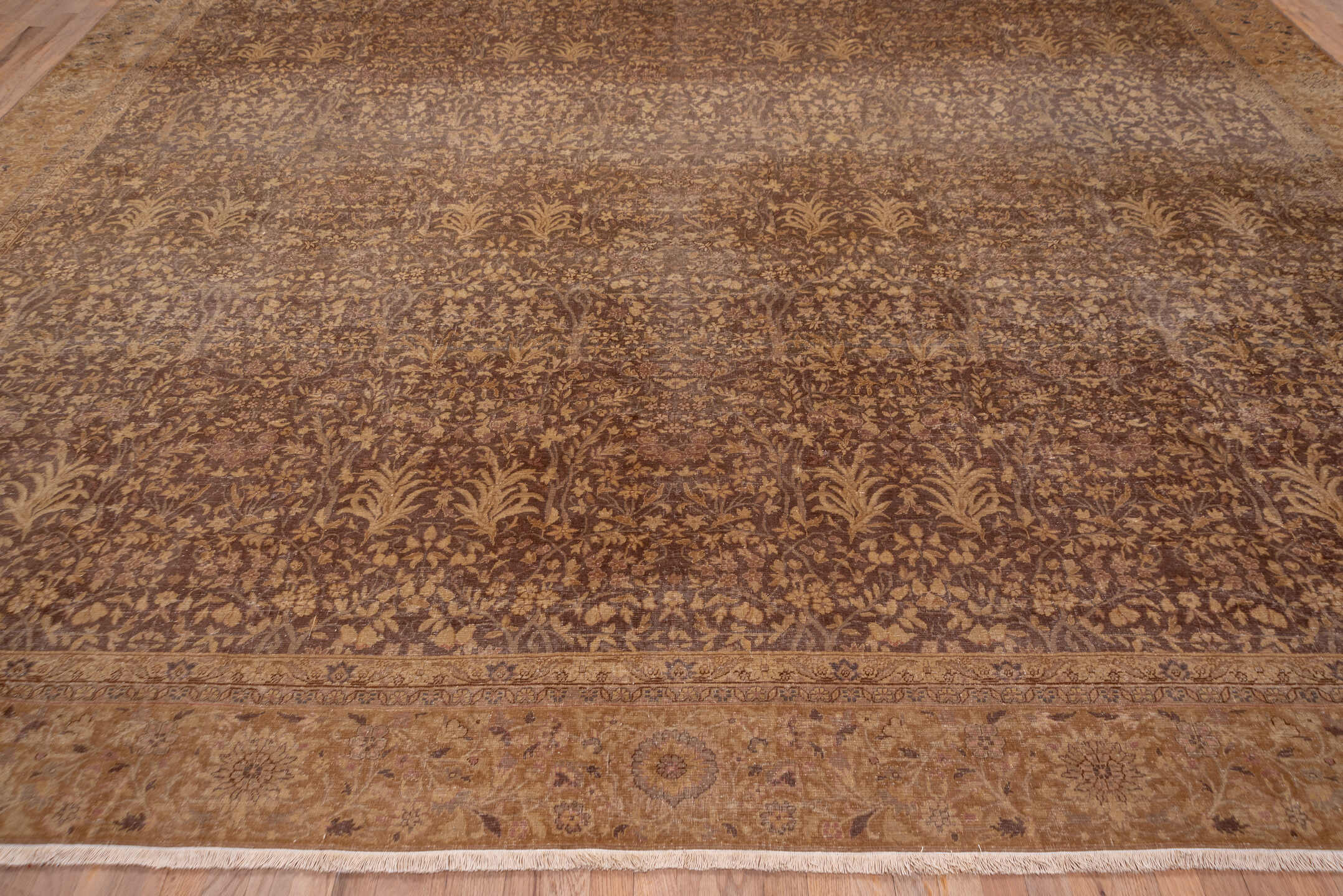12' x 16' one-of-a-kind handmade antique Sivas oversize rug. Color palette: brown, camel, taupe, beige, ivory, rose