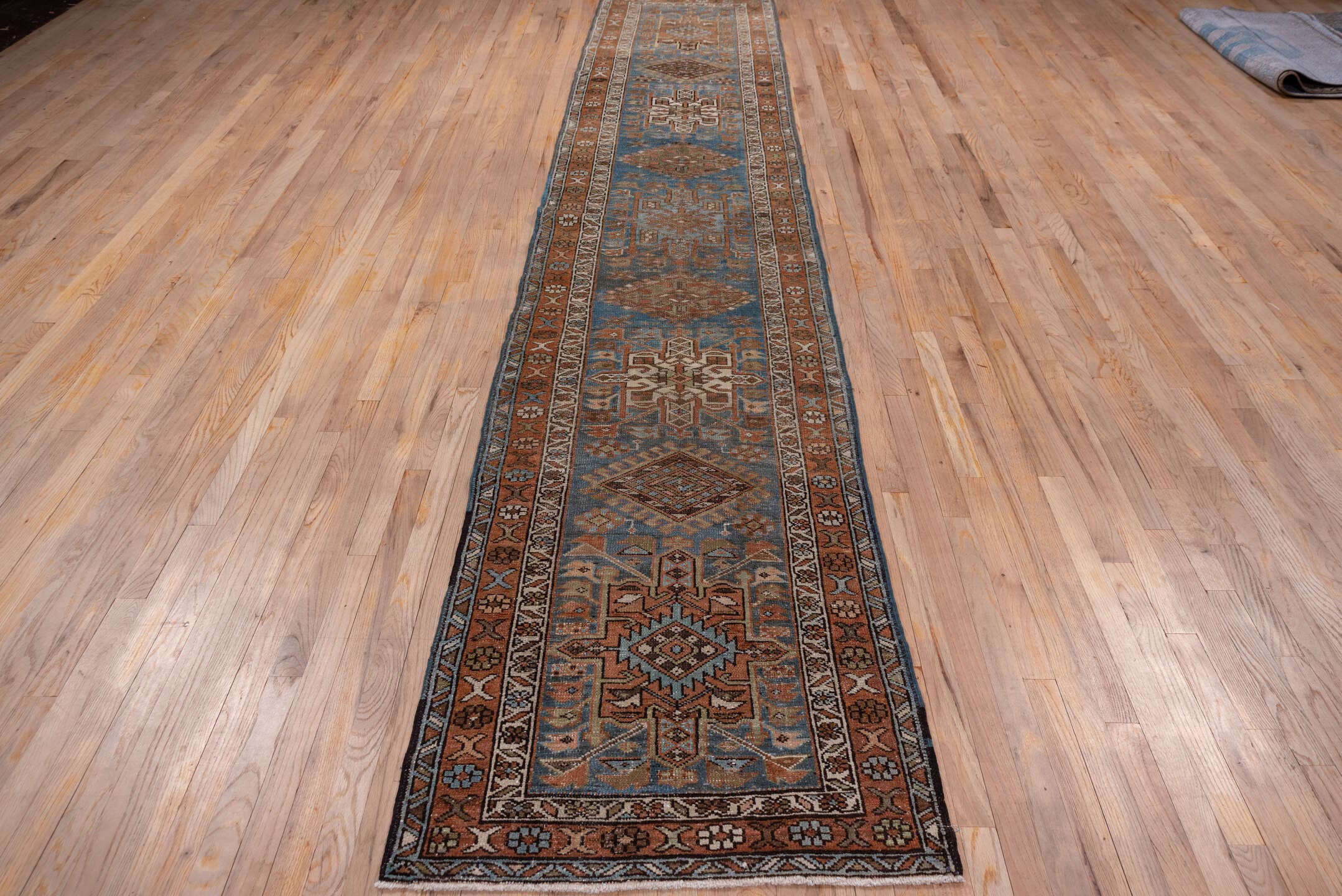 2' x 14' one-of-a-kind handmade antique Karaje runner rug. Color palette: blue, rust, ivory, brown, taupe, charcoal