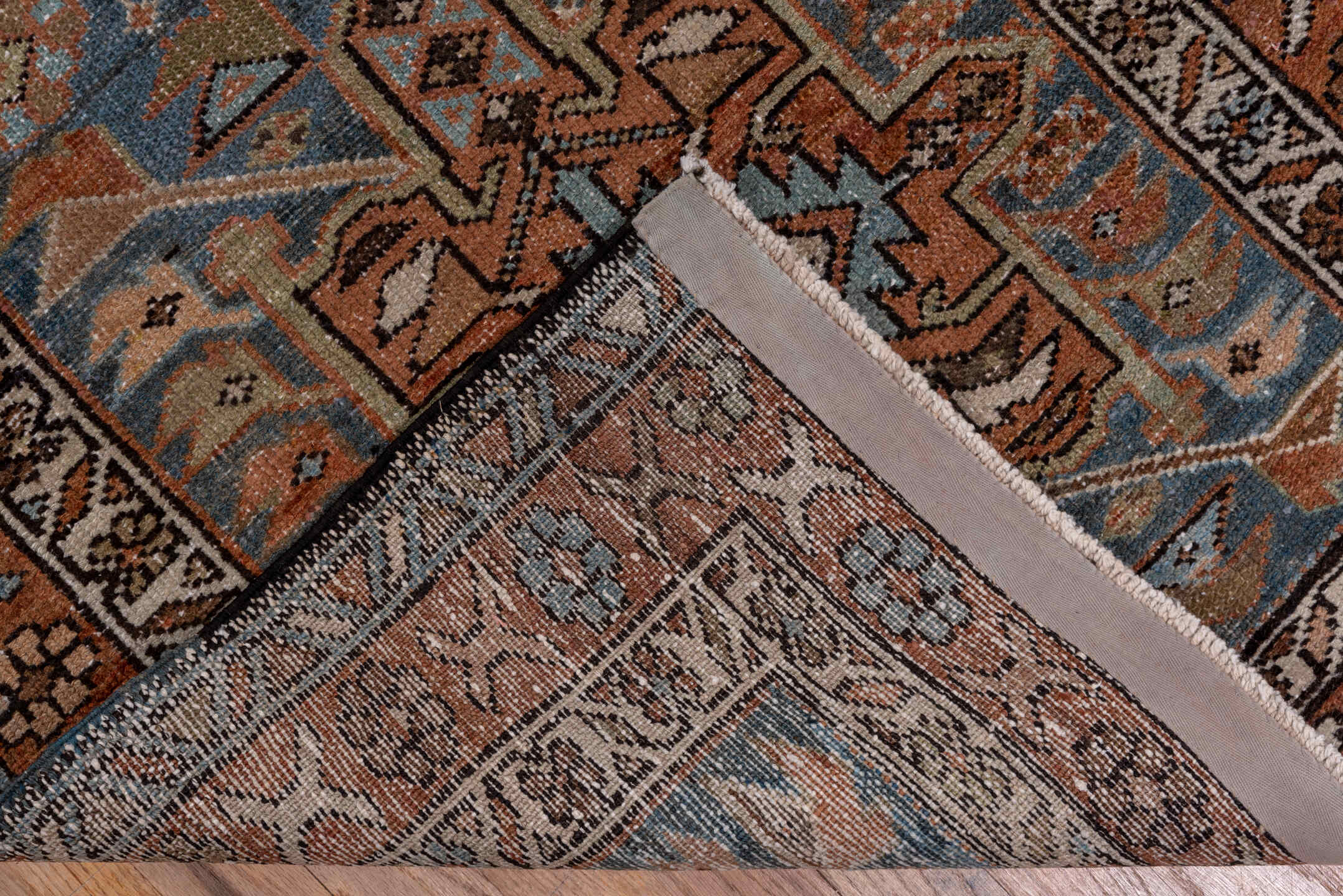 2' x 14' one-of-a-kind handmade antique Karaje runner rug. Color palette: blue, rust, ivory, brown, taupe, charcoal