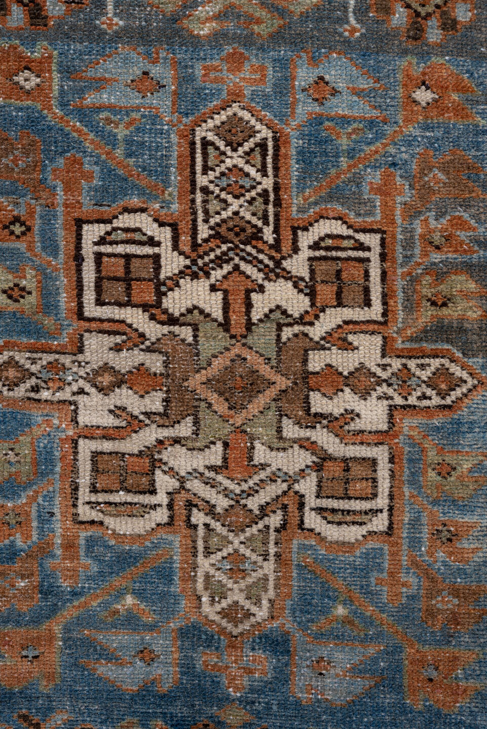 2' x 14' one-of-a-kind handmade antique Karaje runner rug. Color palette: blue, rust, ivory, brown, taupe, charcoal