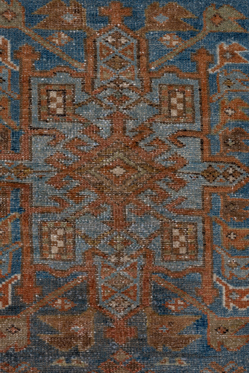 2' x 14' one-of-a-kind handmade antique Karaje runner rug. Color palette: blue, rust, ivory, brown, taupe, charcoal