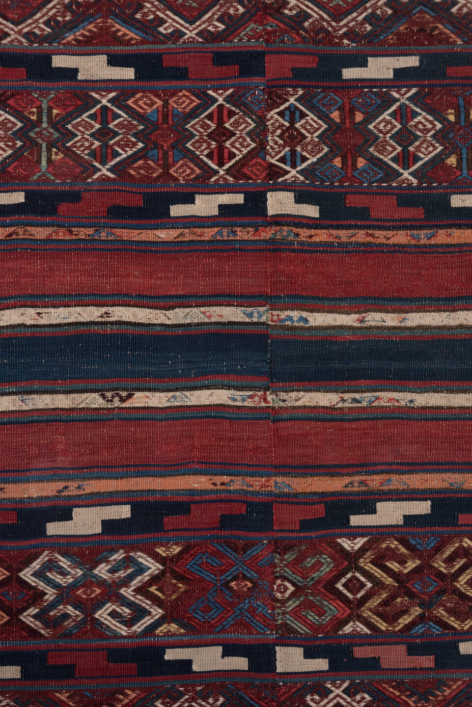 5' x 15' one-of-a-kind handmade antique Kilim rug. Color palette: rust, indigo, burgundy, ivory, navy, sienna, camel